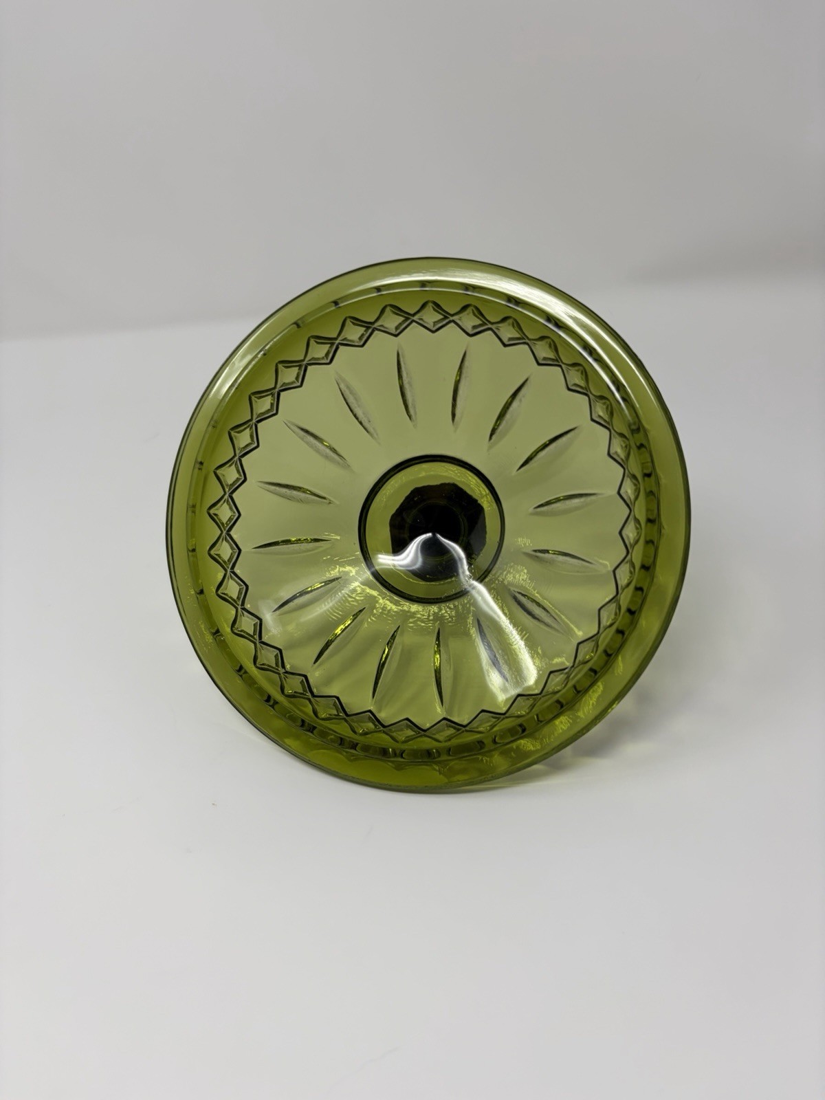 Vintage Indiana Glass Avocado Green Princess Diamond Point Candy Dish with Lid