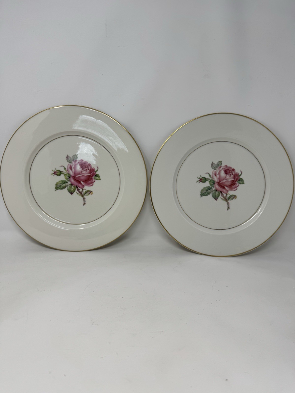 2 Ancestral USA China Manor Rose Dinner Plates rose floral gold trim GUC elegant