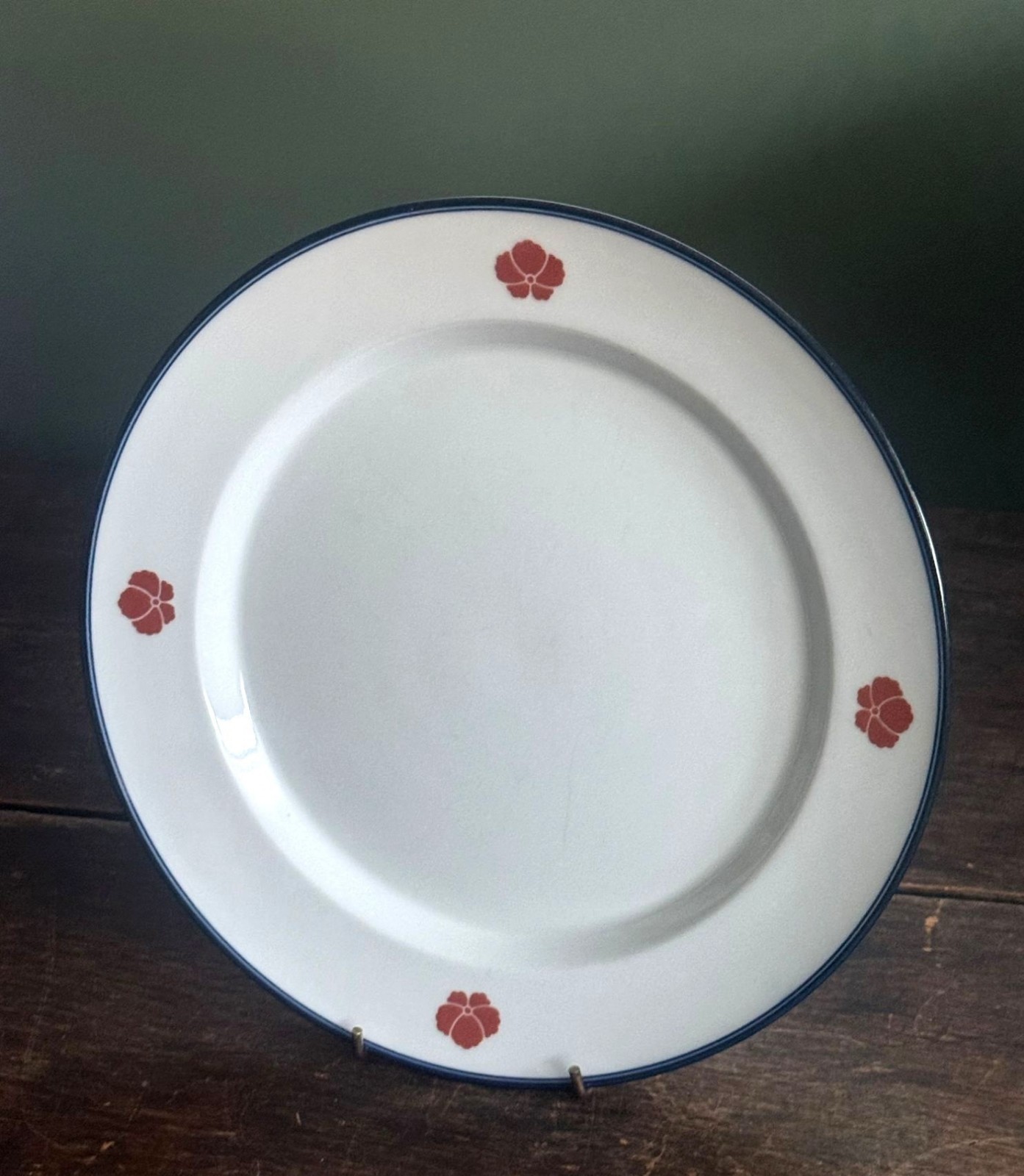Four Dansk 10.5″ Dinner Plates Cobalt Blue Trim Rust Flower