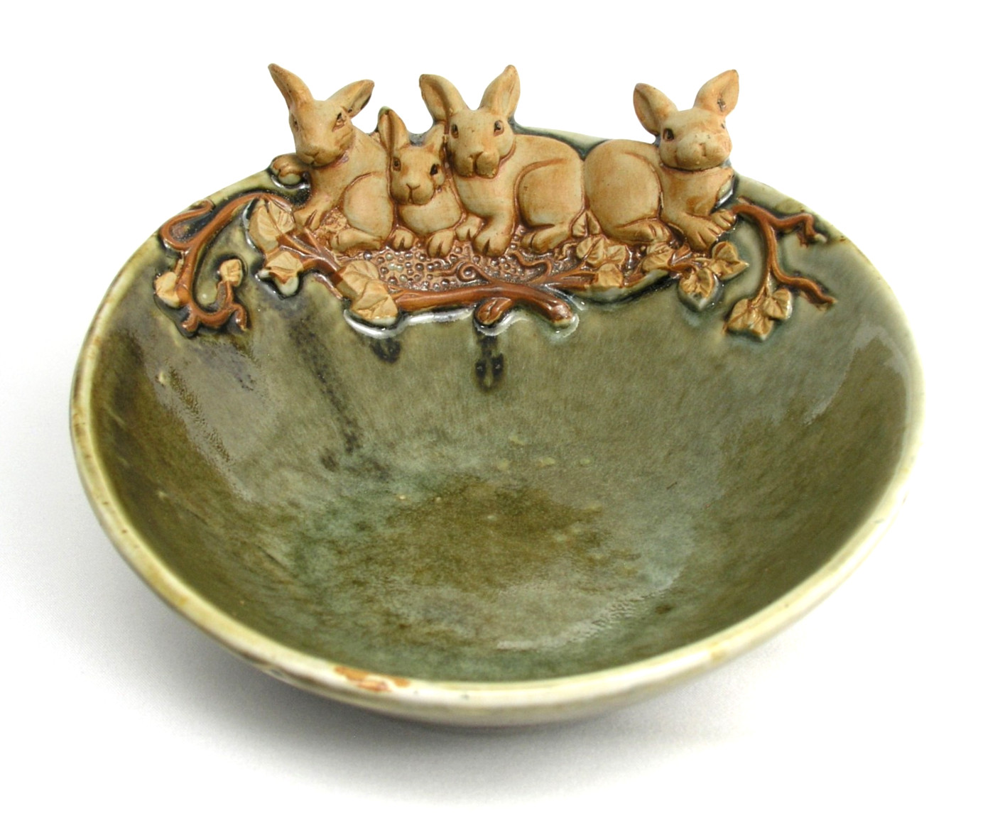 GLAZED POTTERY BOWL w/ FOUR BUNNY DESIGN – GREEN w/ LT BROWN RABBITS FOR EASTER