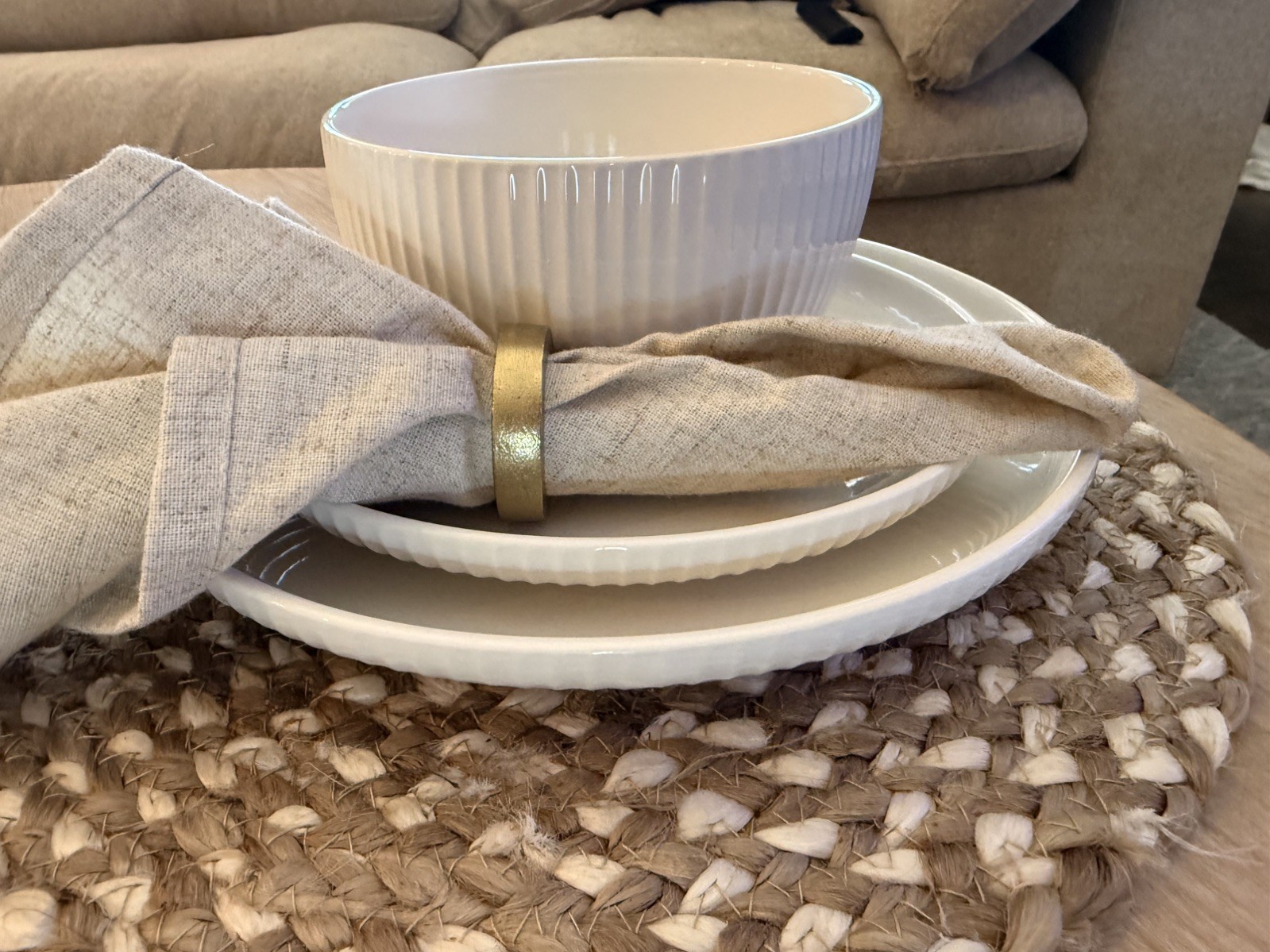 Two Sets of Ivory and Stone White Fluted, Dinner Plate, Salad Plate & bowl sets