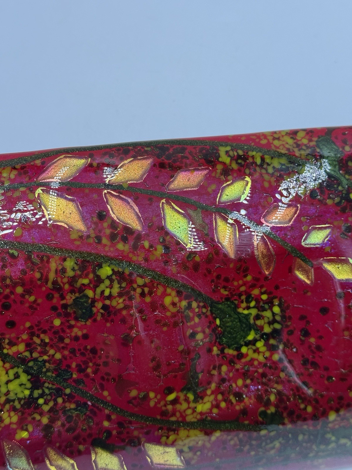 Fused Art Glass Red Green With Iridescent Leaves Rectangle Curved Decor Signed
