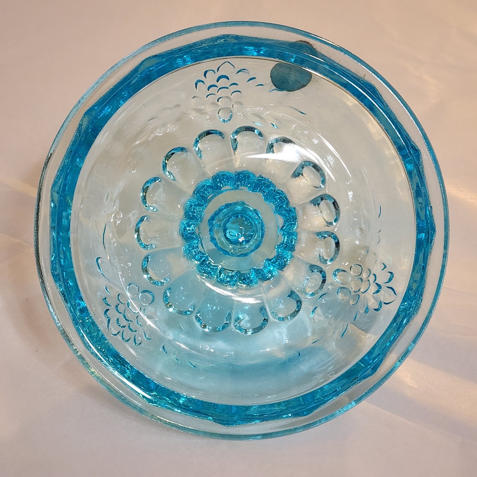 Fenton Blue Aqua Glass Paneled Puff Box Candy Dish Jelly Compote Grape Vines