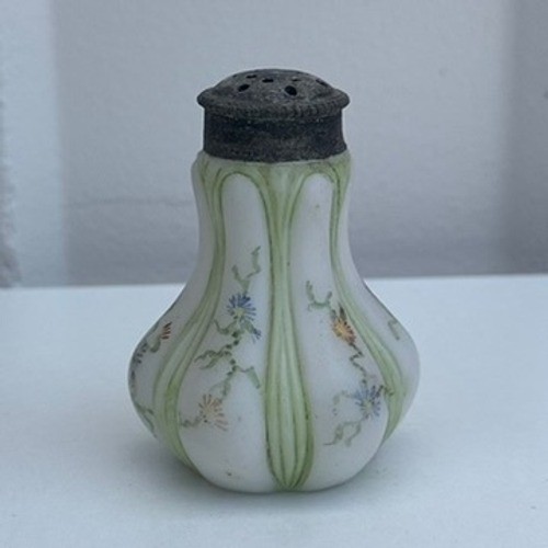 Antique Victorian Milk Glass Sugar Shaker Hand Painted Floral Muffineer Sifter