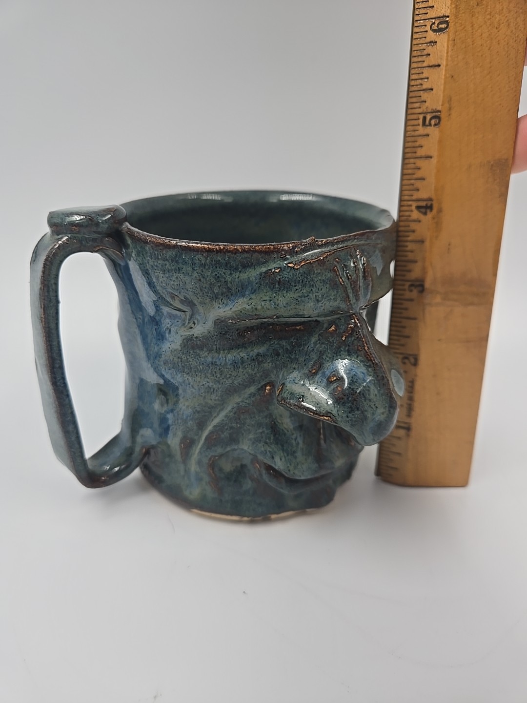 Handmade Stoneware Art Pottery Ugly Face Funny 3D Blue Glazed 12oz