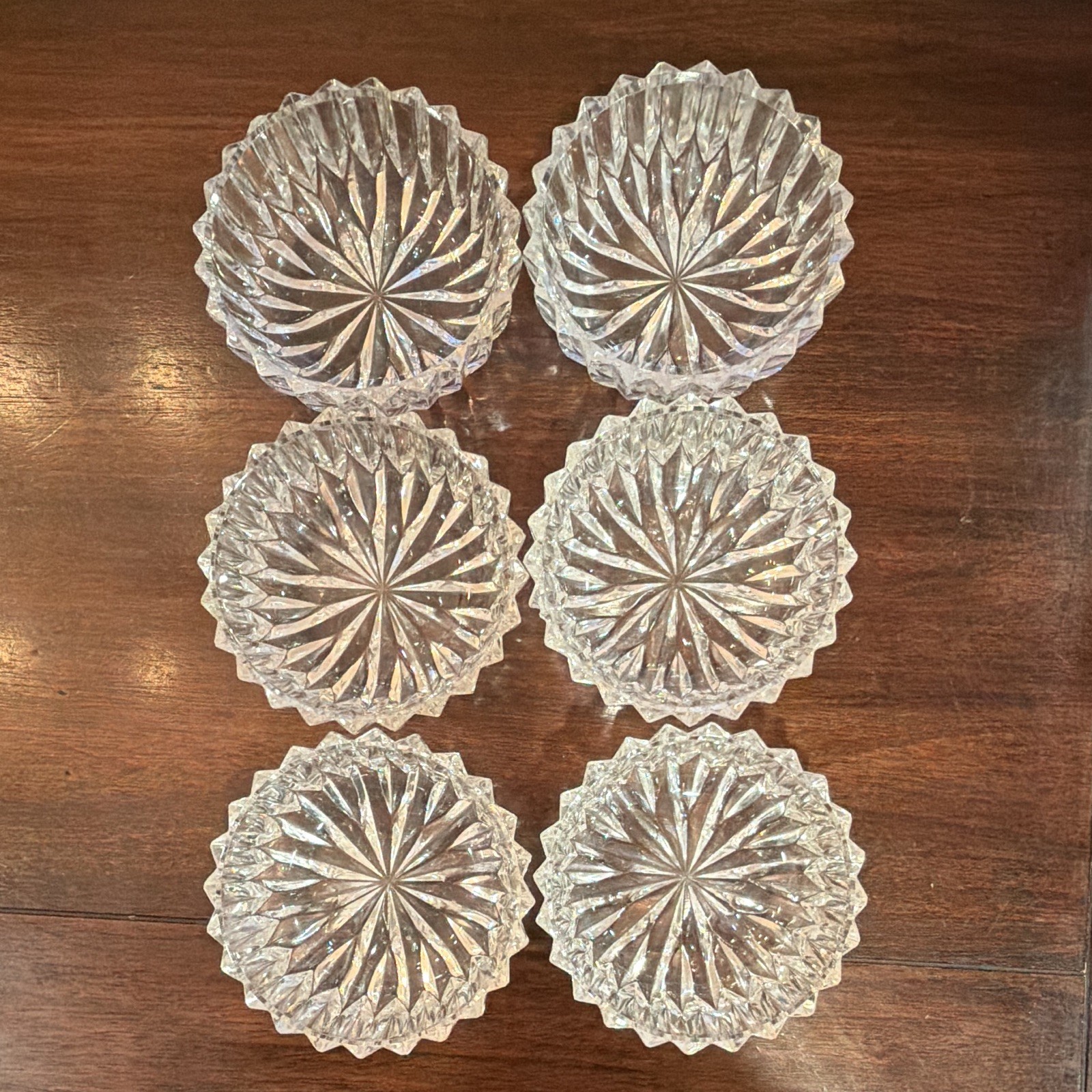 Unmarked Set of 6 Clear Pressed Glass Starburst Dessert Bowls, Round, 4″ Dia
