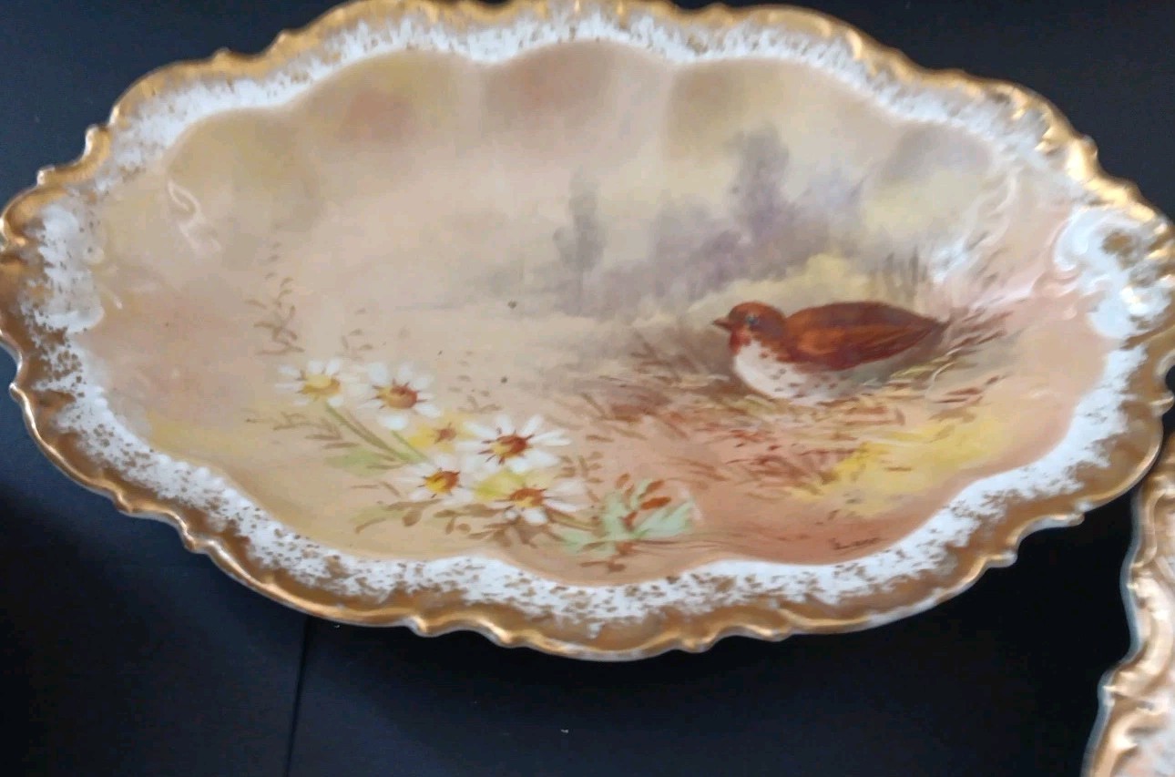 11 Antique 1906 Limoge Game Plate Set Coronet Signed LUC Sauce Bowls HP