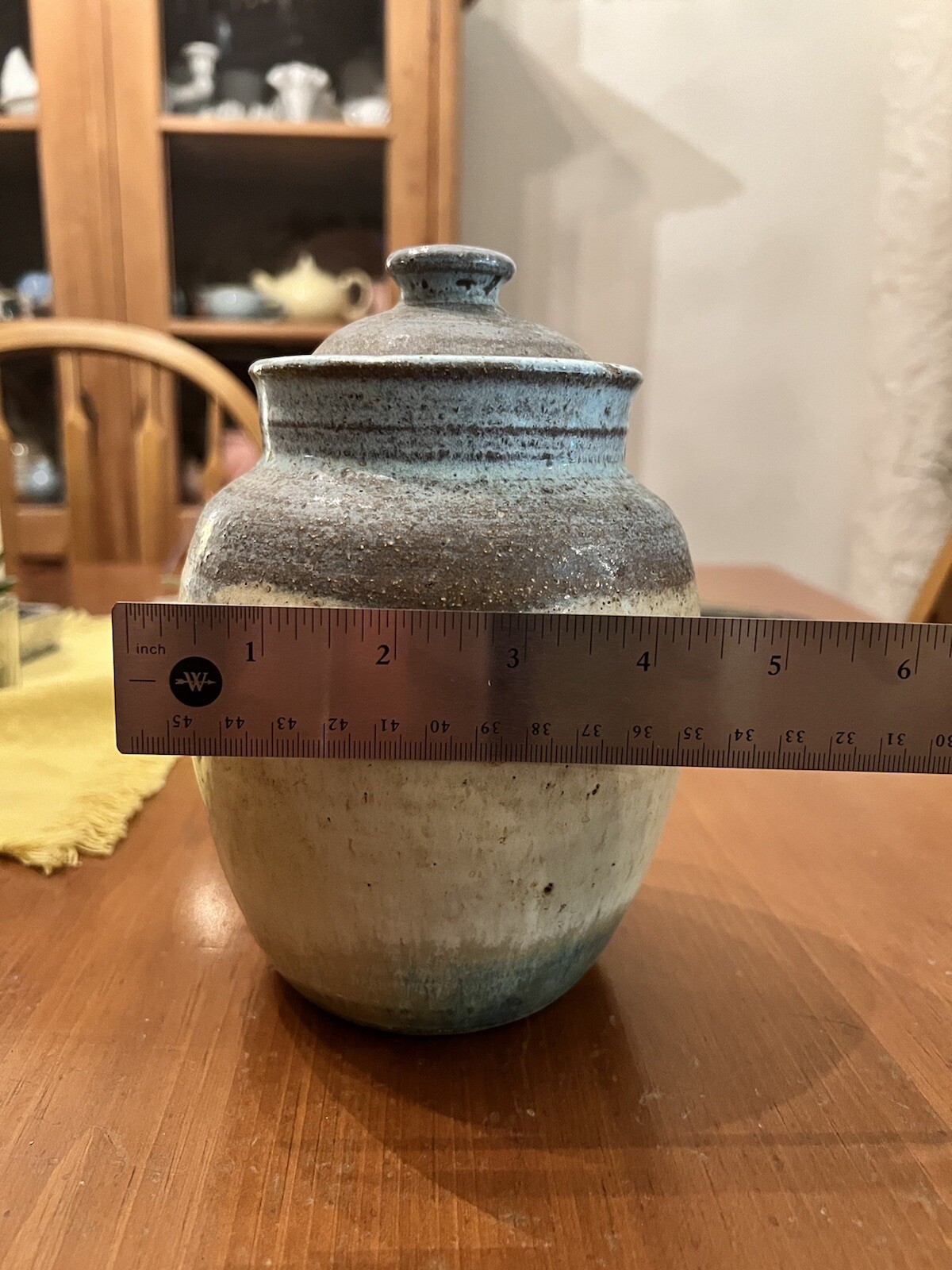 Textured Tan Blue Gray Stone Clay Pottery Ginger Jar Storage Jar Lidded