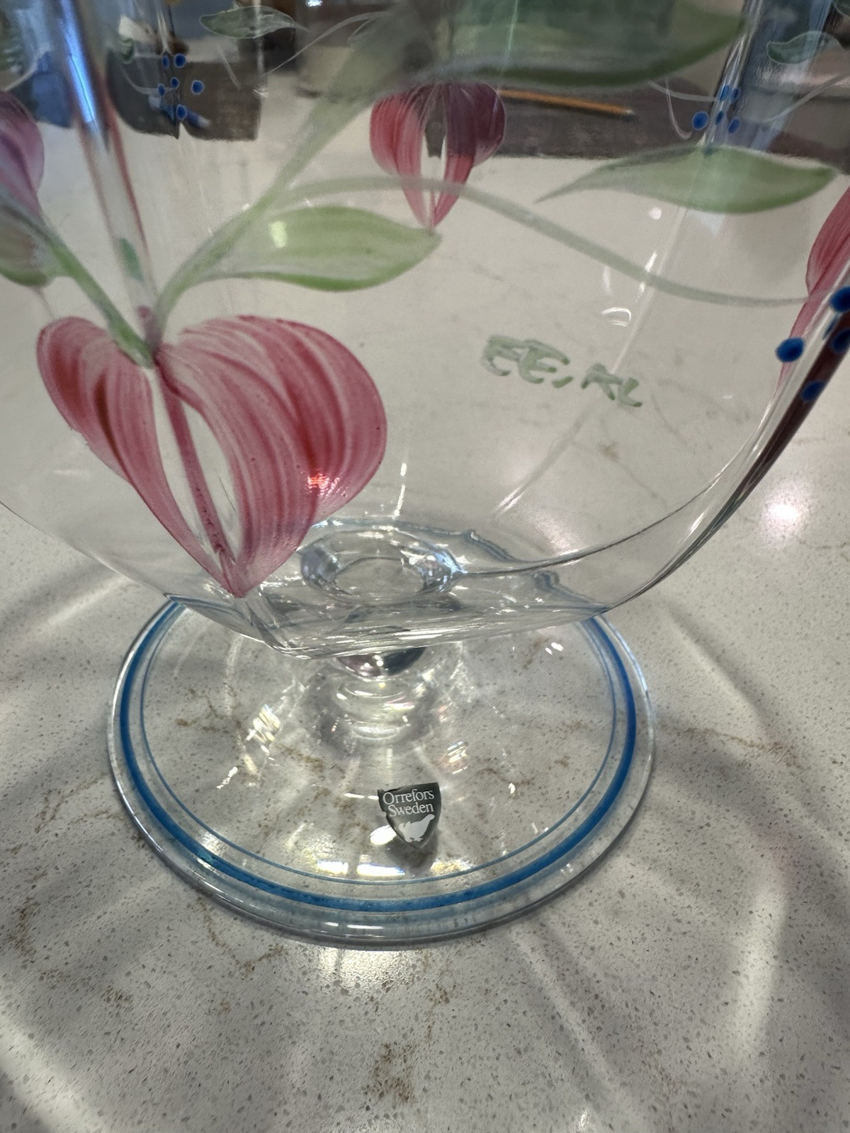 VTG ORREFOS 1980 SIGNED MAJA 7” FOOTED HANDPAINTED CRYSTAL BOWL BY EVA ENGLUND