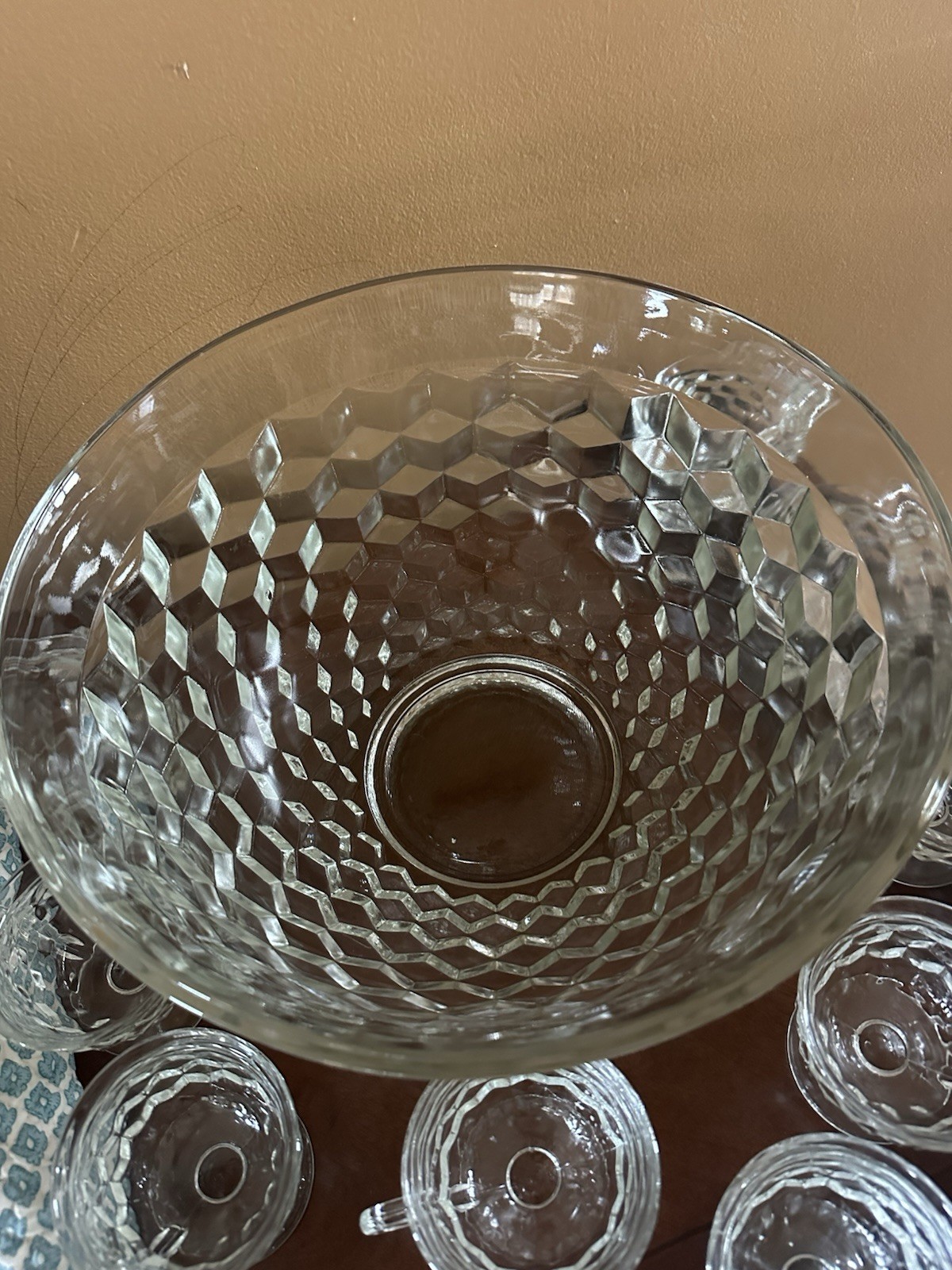 Cubist Indiana Clear Glass Punch bowl Set of 12 footed cups whitehall colony VTG