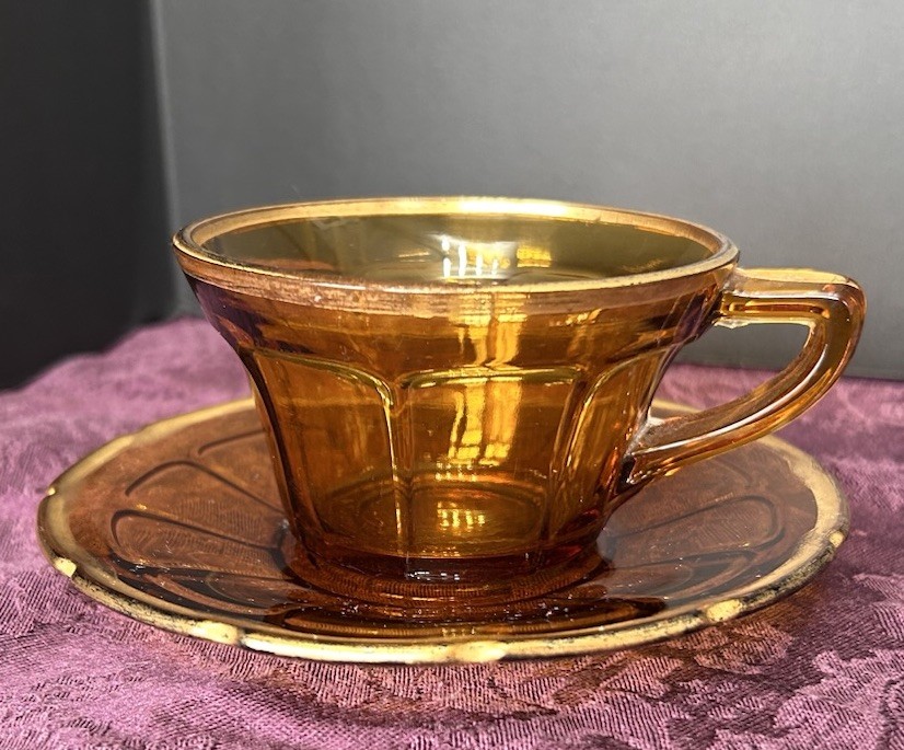 Depression Glass Diamond Glass VICTORY Design Amber Gold Trim Cup & Saucer 3 Set