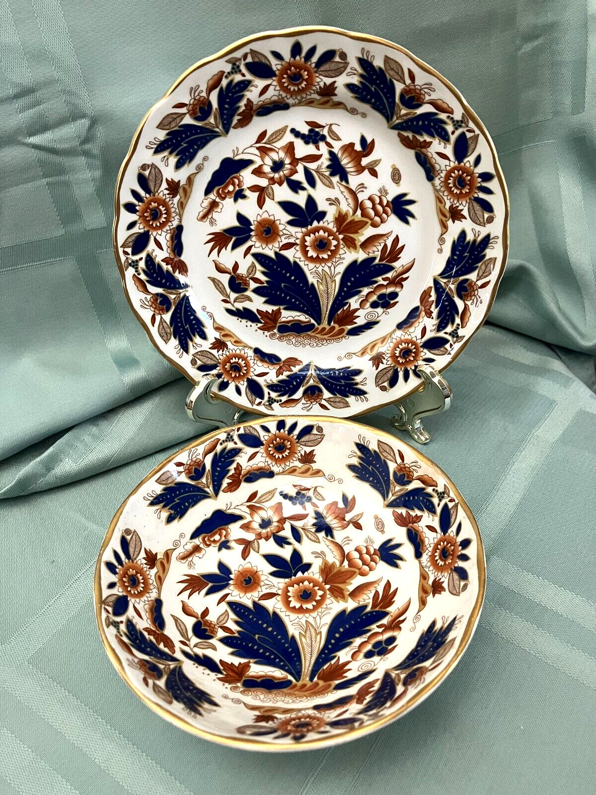 Booths Dovedale Rust & Blue Fruit/Dessert Bowl & Bread/Dessert Plate Gold Edge