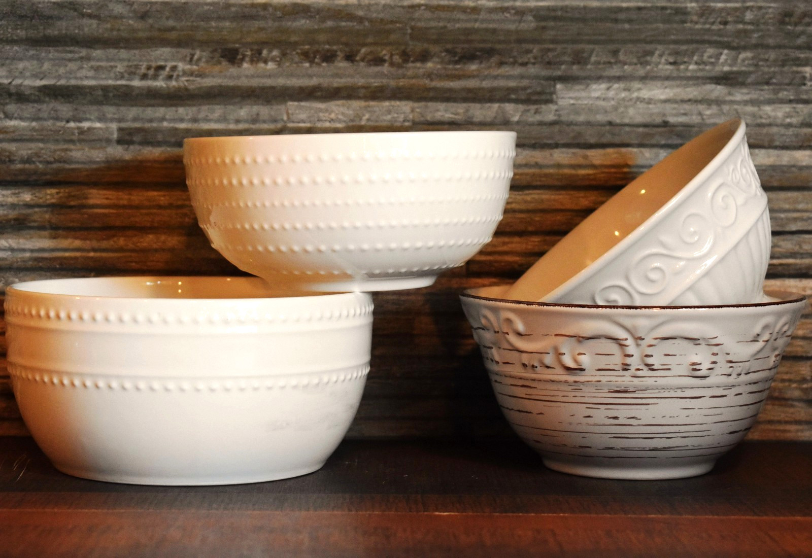 White Ceramic Bowls Embossed Designs Brand Variety Lot 4 Pcs