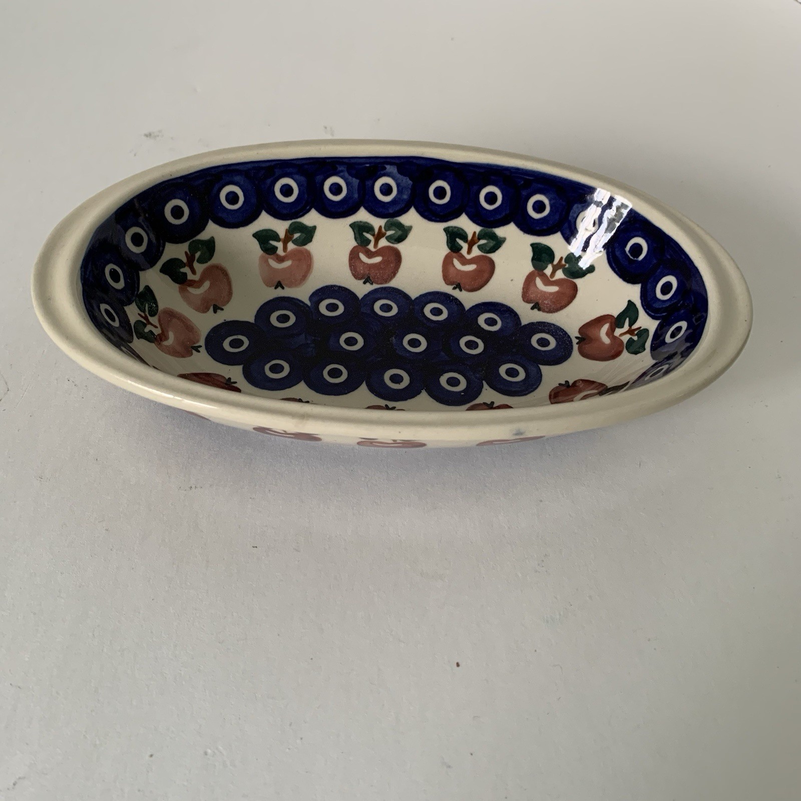 Boleslawiec Polish Pottery Handpainted Small Oval Dish Apples/Leaves Pattern