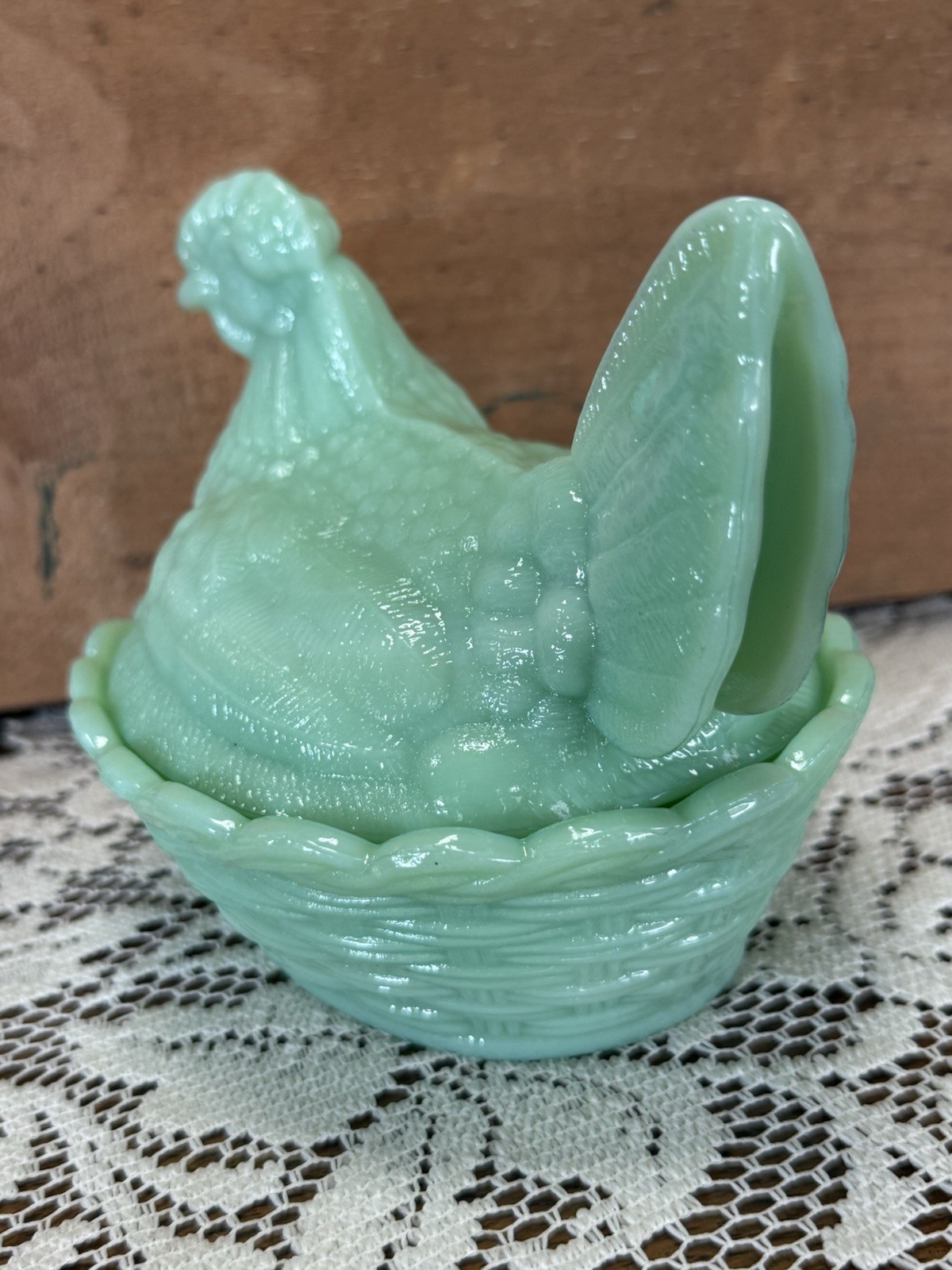 Hen on Nest, 6″ Jadeite Glass Covered Dish – Vintage style, New