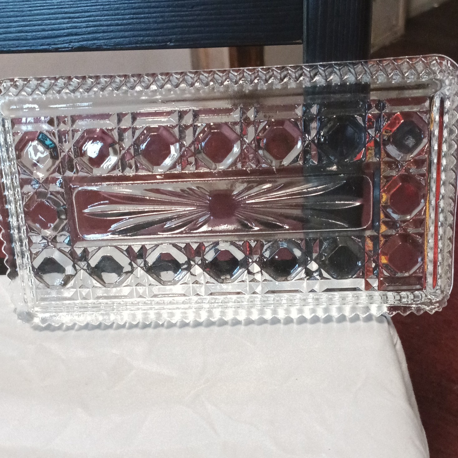 Clear Pressed Glass Rectangular Tray, Diamond & Starburst Pattern Decorative
