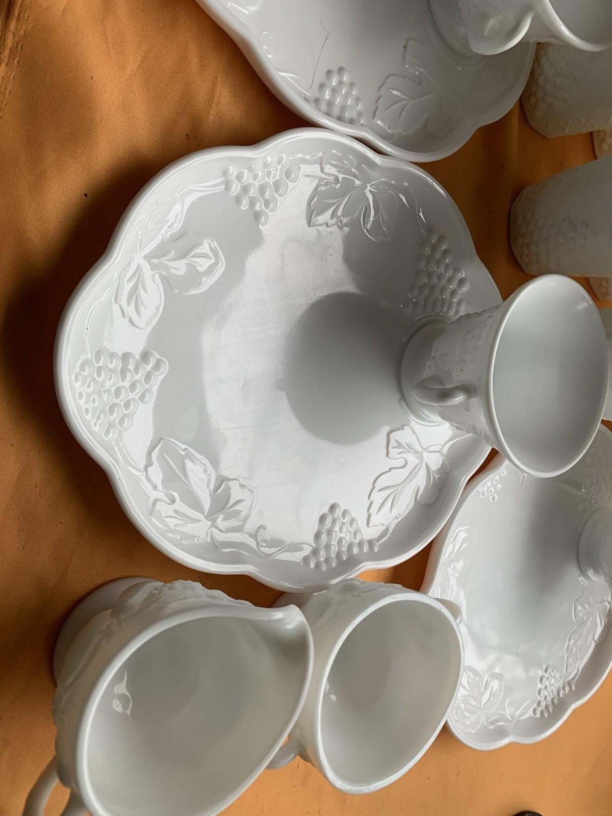 White Ceramic Grapevine Embossed Dinner Set Plates Cups Bowls Tumblers Vintage