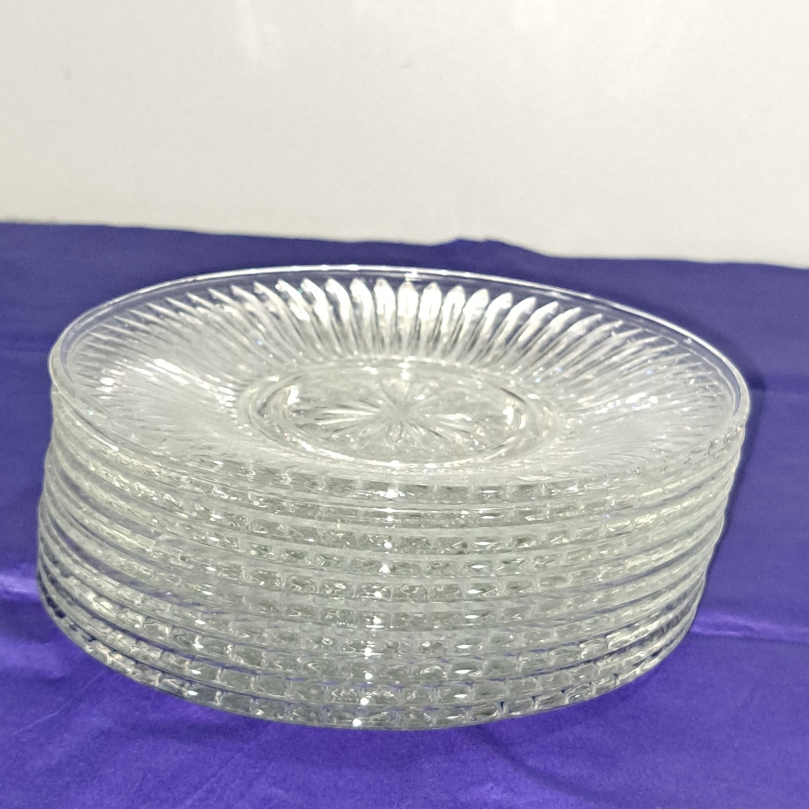 Vintage Lot of 9 + 1 KIG Malaysia Glass Dessert Salad Plates Kensington Ribbed