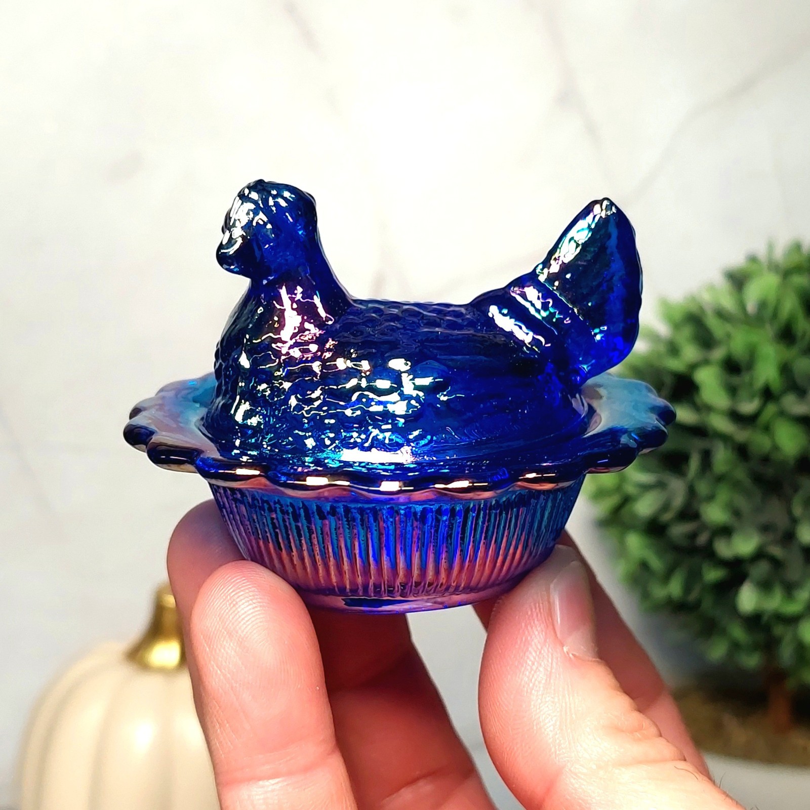 Mosser Cobalt Blue Carnival Glass Hen on Nest Salt Dish, Mini Chicken, VTG Style