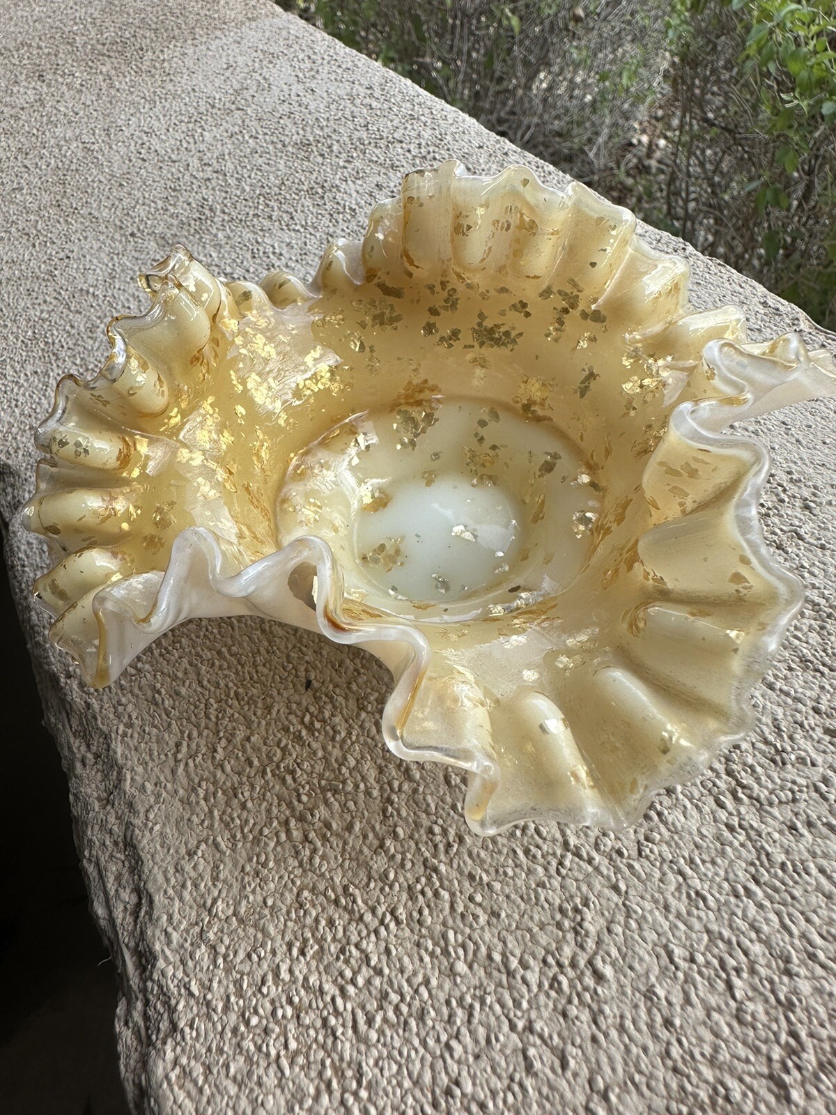 Vintage Ruffled Milk Glass Cased Dish Gold Fleck Opaline Mid Century Vanity Bowl