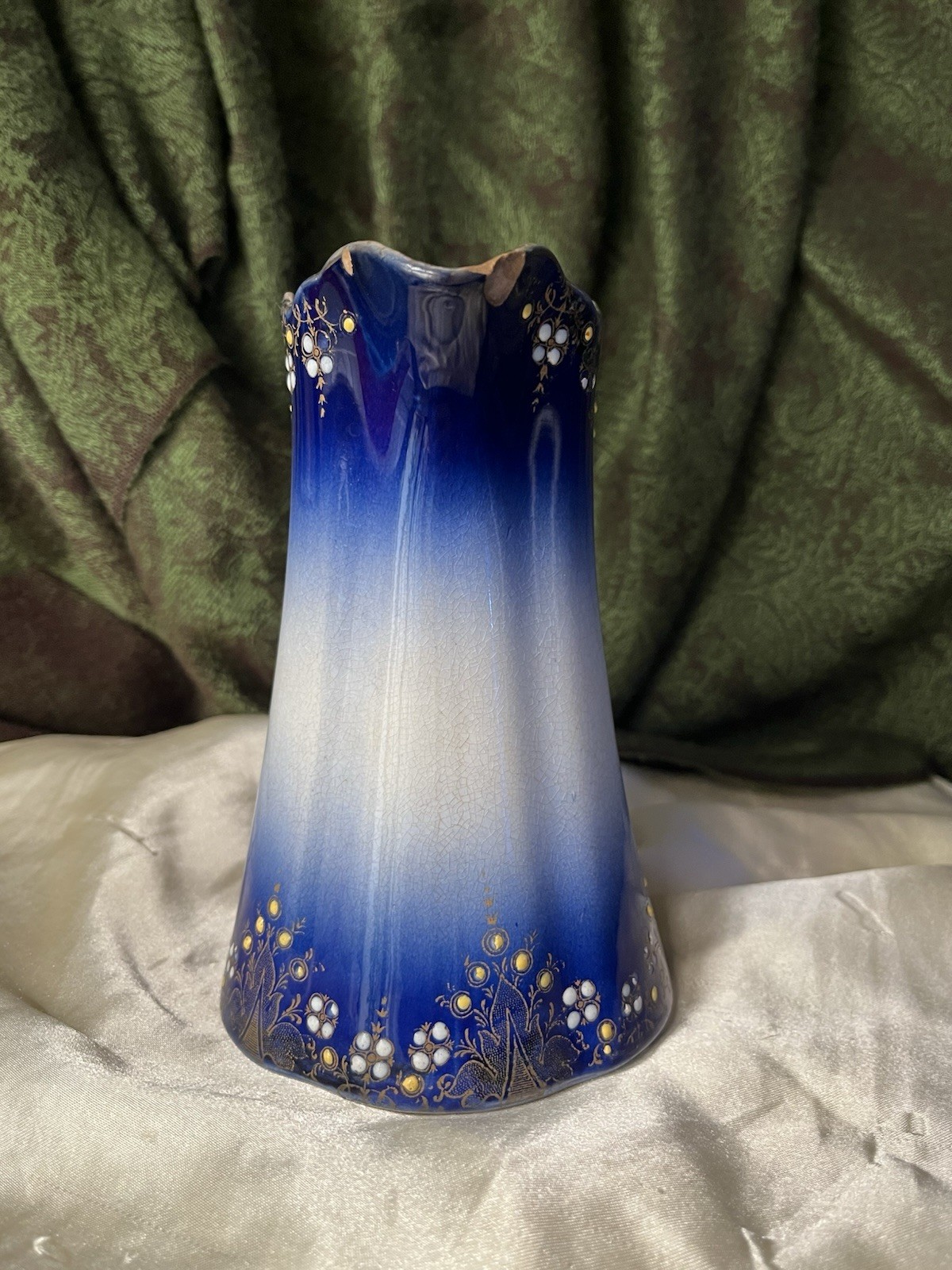 K et G Lunéville Blue White Gold Ceramic Floral Decorative Pitcher France
