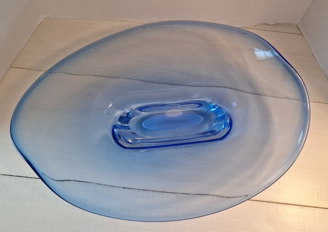 Adam Jablonski Signed Art Glass Centerpiece Bubble Base Unique Blue 17″ X 12″