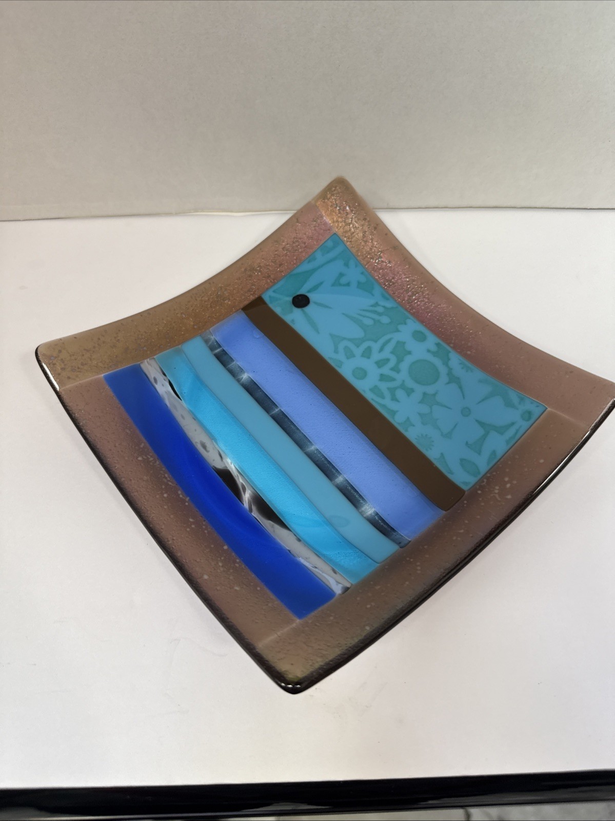 Fused Dichroic Studio Art Glass Square Trinket Dish Contemporary Signed 6.5”