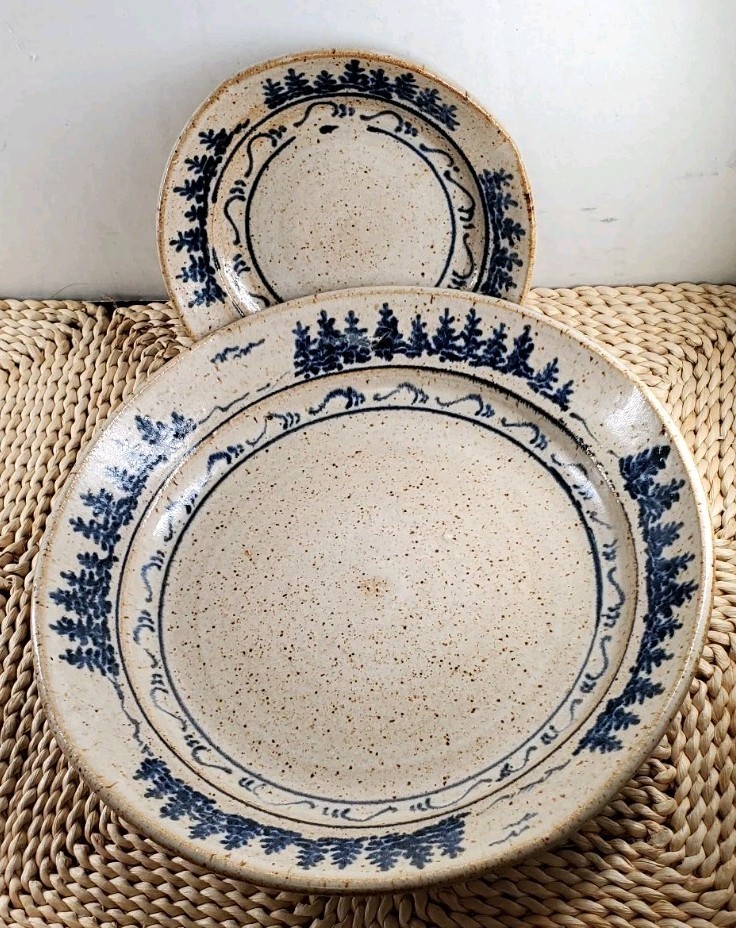 Vtg. Art Pottery Dinner & Salad Plate Tan Speckle w/Cobalt Blue Design 9½” & 5½”