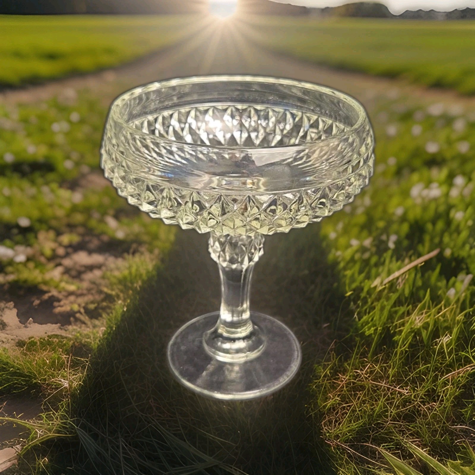 Indiana Glass Diamond Point Footed Compote Pedestal Clear Candy Dish 7.25″H
