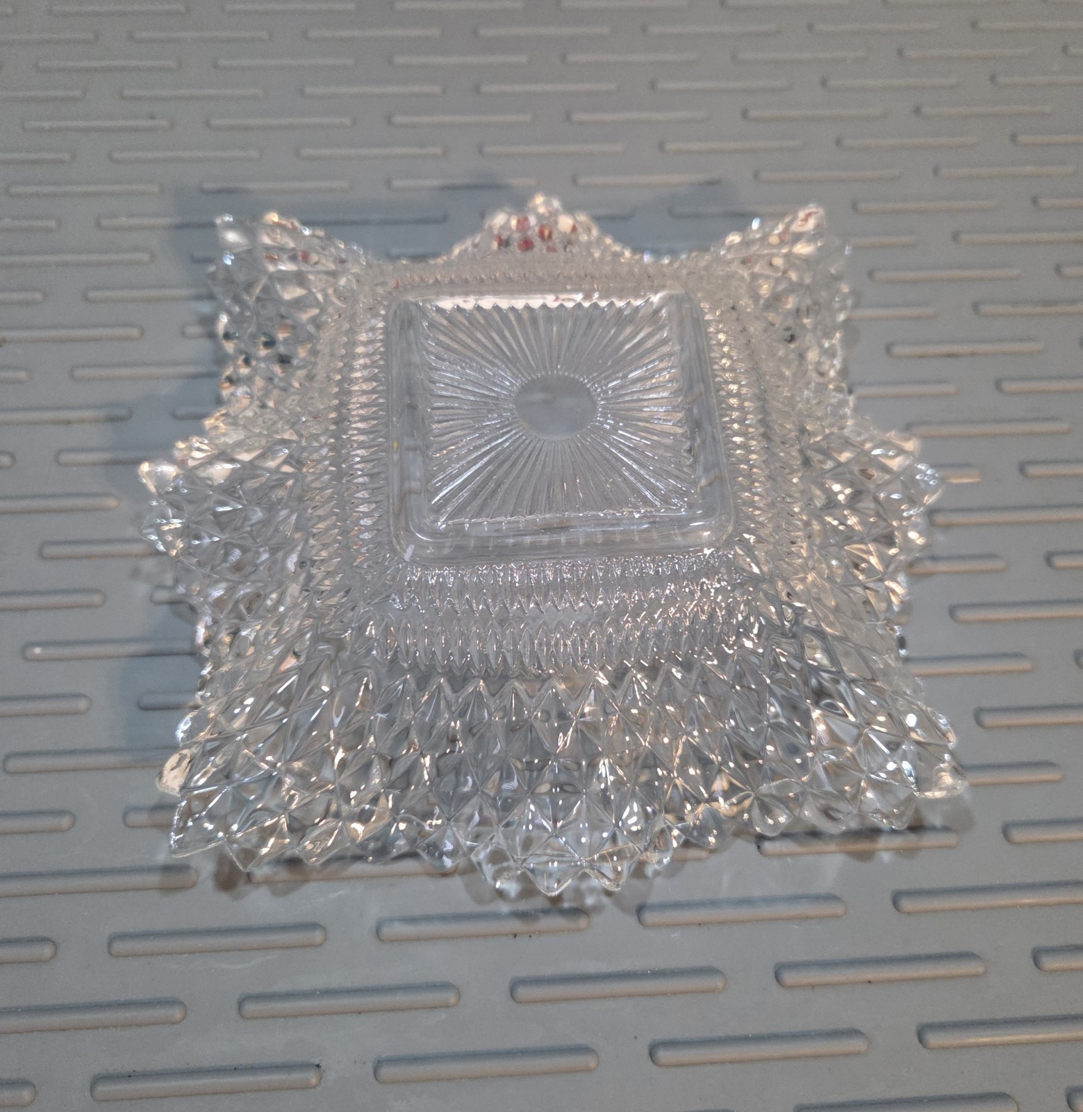Vintage Indiana Glass Co. clear diamond point square ruffled candy dish.