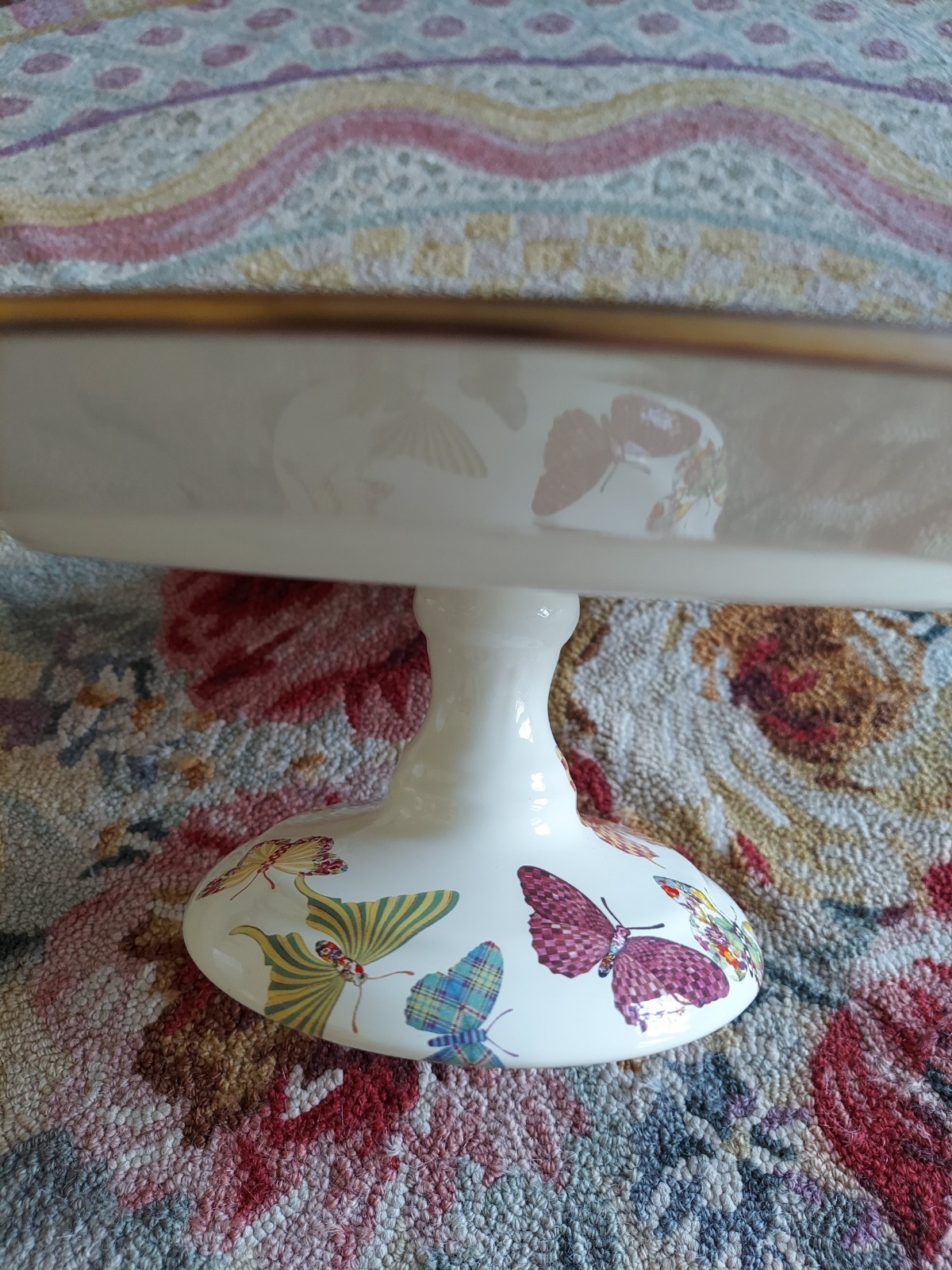 Mackenzie-Childs Butterfly Garden Pedestal Platter With Courtly Check