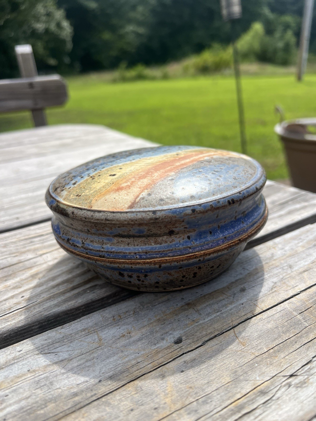Vintage Studio Pottery Lidded Trinket Dish Signed Blue Brown Glaze Stoneware
