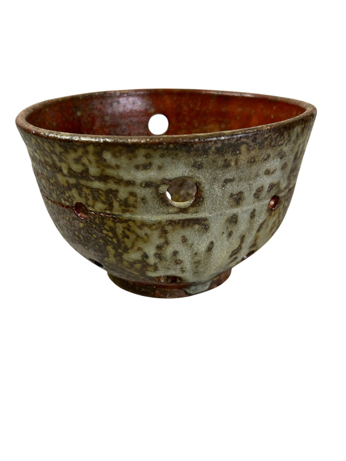 Studio Art Pottery Colander Strainer Fruit Bowl Brown Hand Made Signed NA