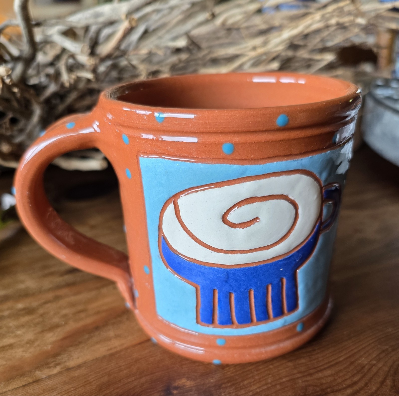 Pritchett & Shelby 2010 Art Pottery Mug Redware Colorful Whimsical Animalia EUC