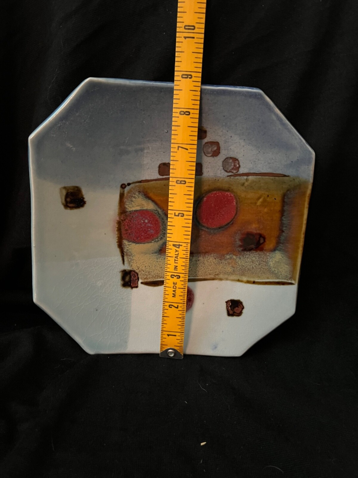 Octagonal Art Pottery Artist Signed Multi-Color Abstract with Metallics 9”x9”
