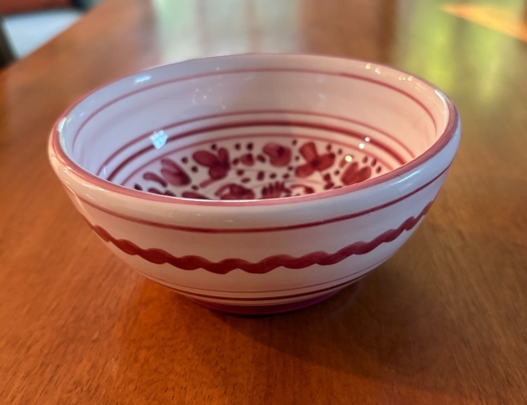 Deruta Red Bowl, 5 1/8 inches, Arabesco, Majolica Ceramic, Floral + Bird