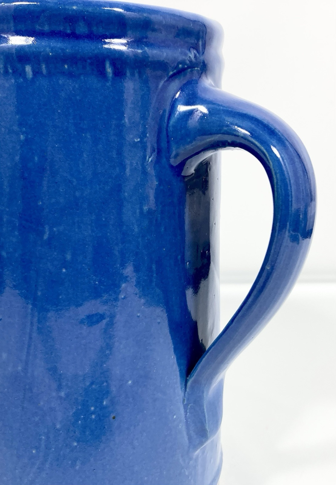 Vtg Antique Cobalt Blue Yellow Ware Stoneware PITCHER Vase 2 Qt. 8 3/4″ Tall EX
