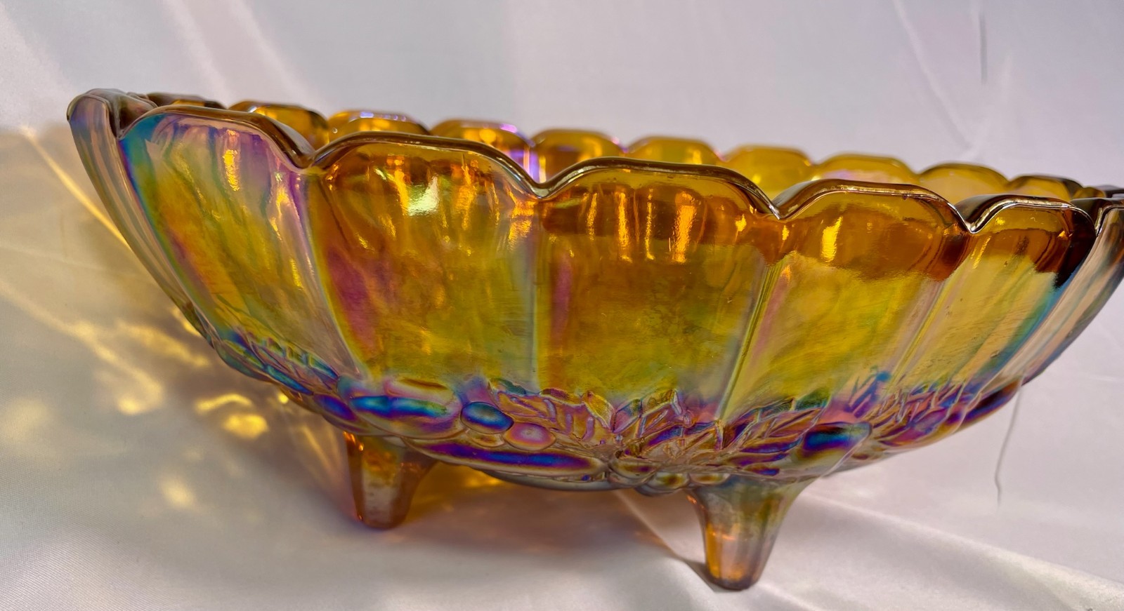 Vintage Carnival Glass Amber Iridescent Fruit Bowl 12” LG Footed Oval Indiana