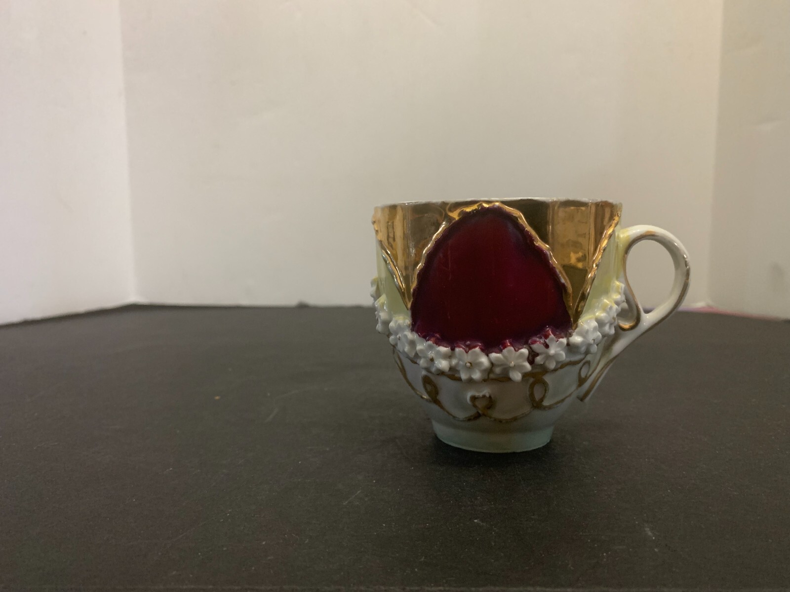 Antique Victorian Aesthetic Period Ornate Flower Garland Relief Lusterware Cup