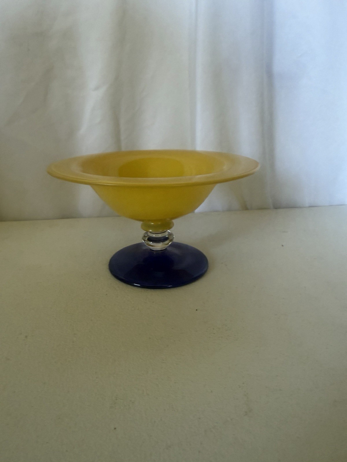 Vtg Art Deco painted Yellow Pedestal Glass Bowl W Cobalt Blue Stand pede