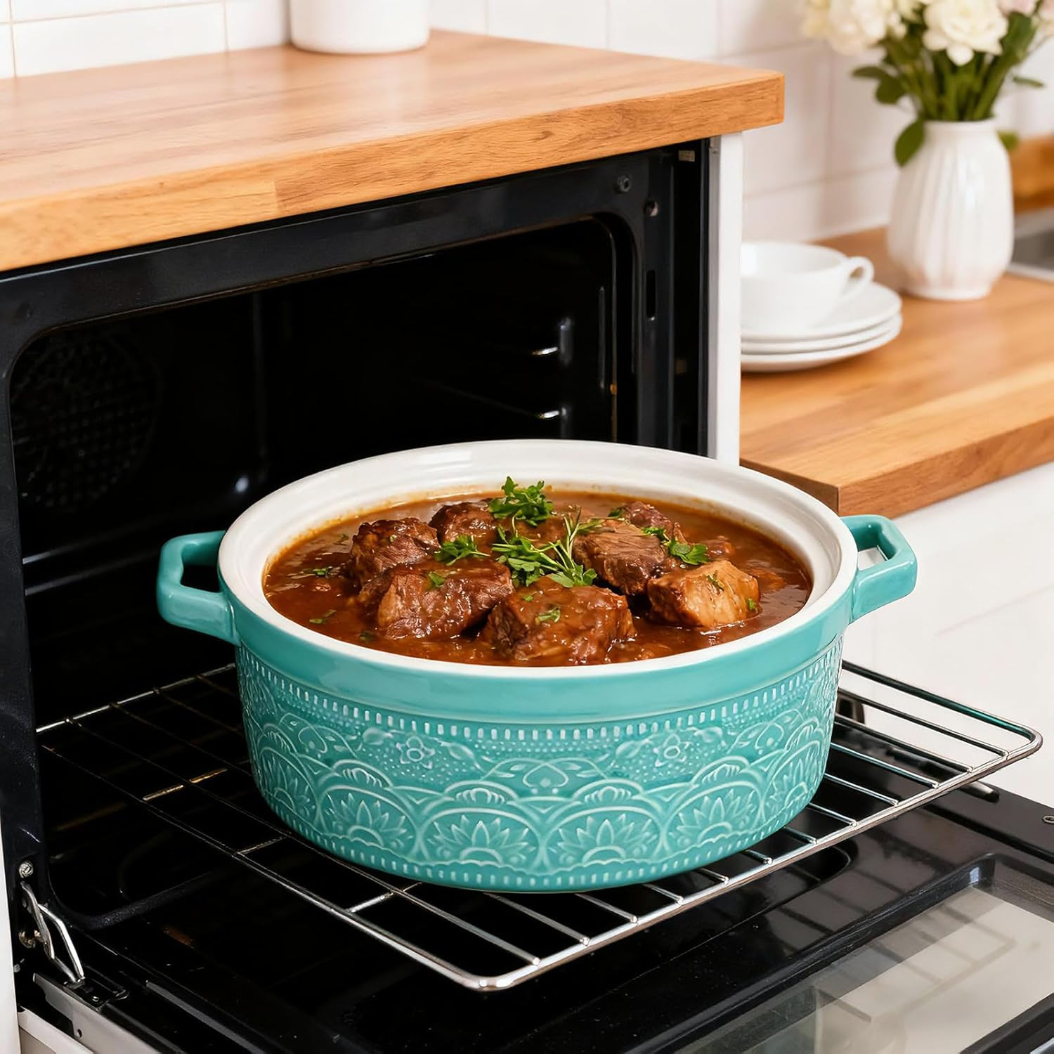 Elsjoy 2 Quart Round Ceramic Casserole Dish with Lid, 7.5 Inch Covered Casserole