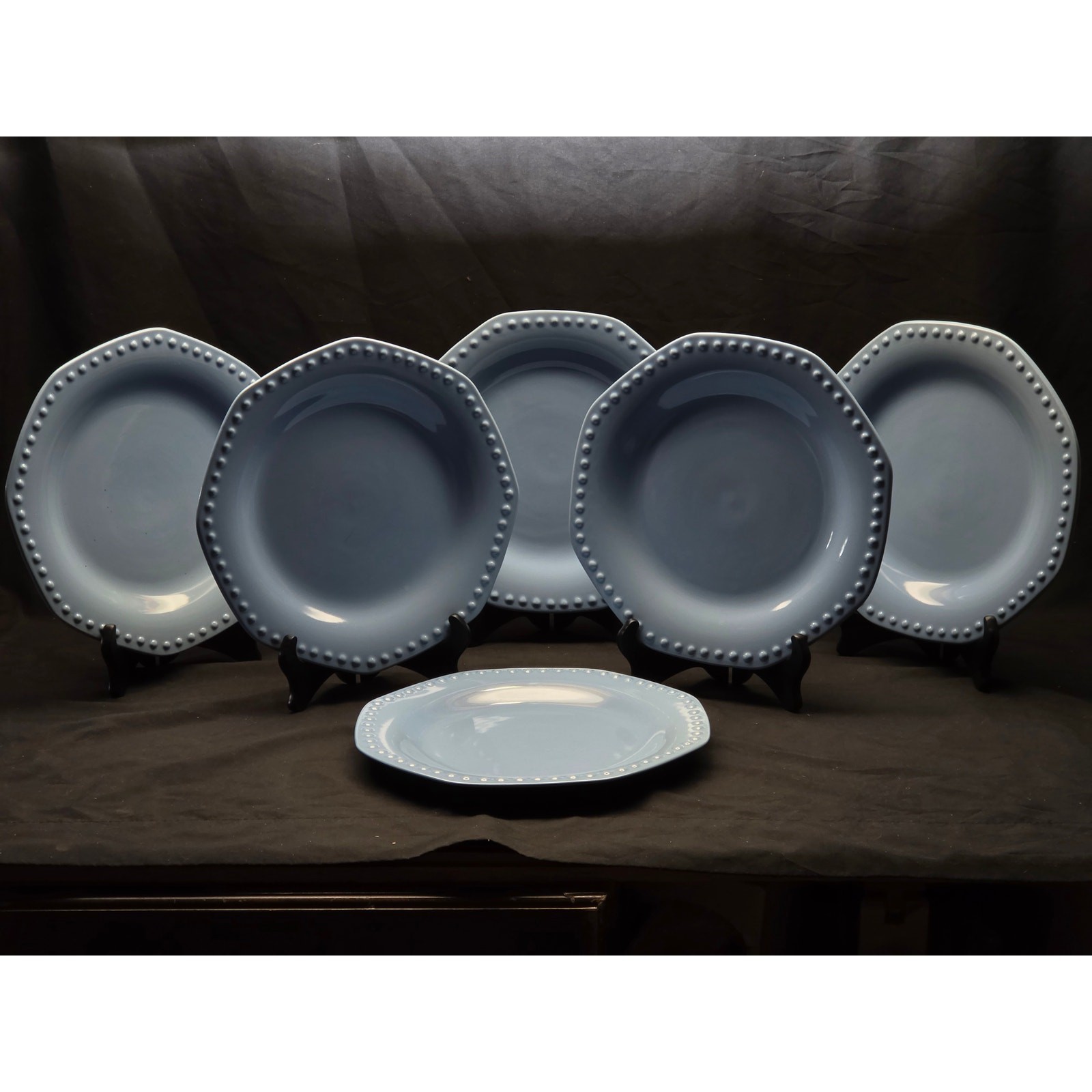 Elegant Dining Robin Egg Blue Beaded Octagon Dinner Plates 10.75″ Set of 6