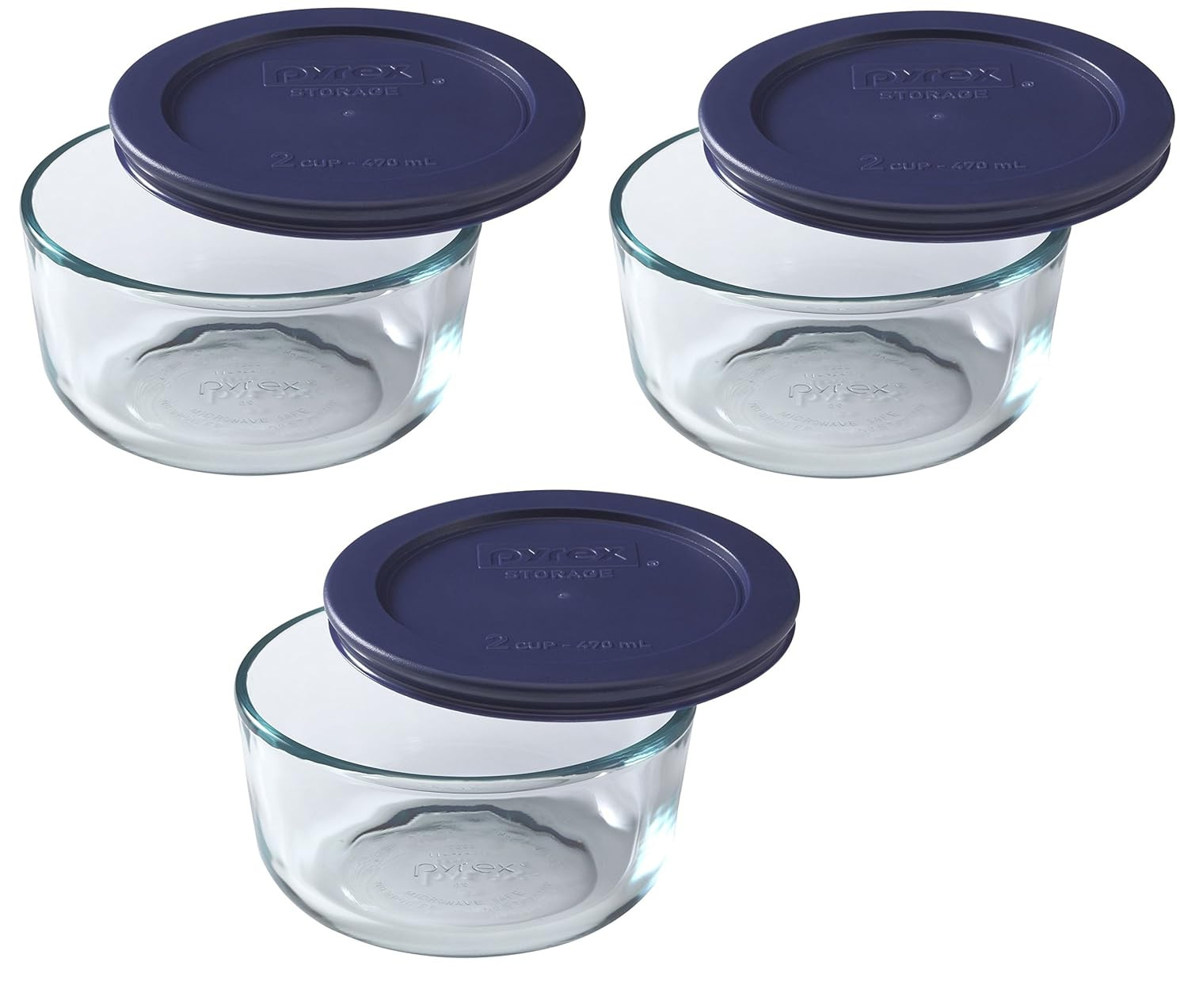 3-Pack 2-Cup Glass Bowls with Dark Blue Lids – Made in USA