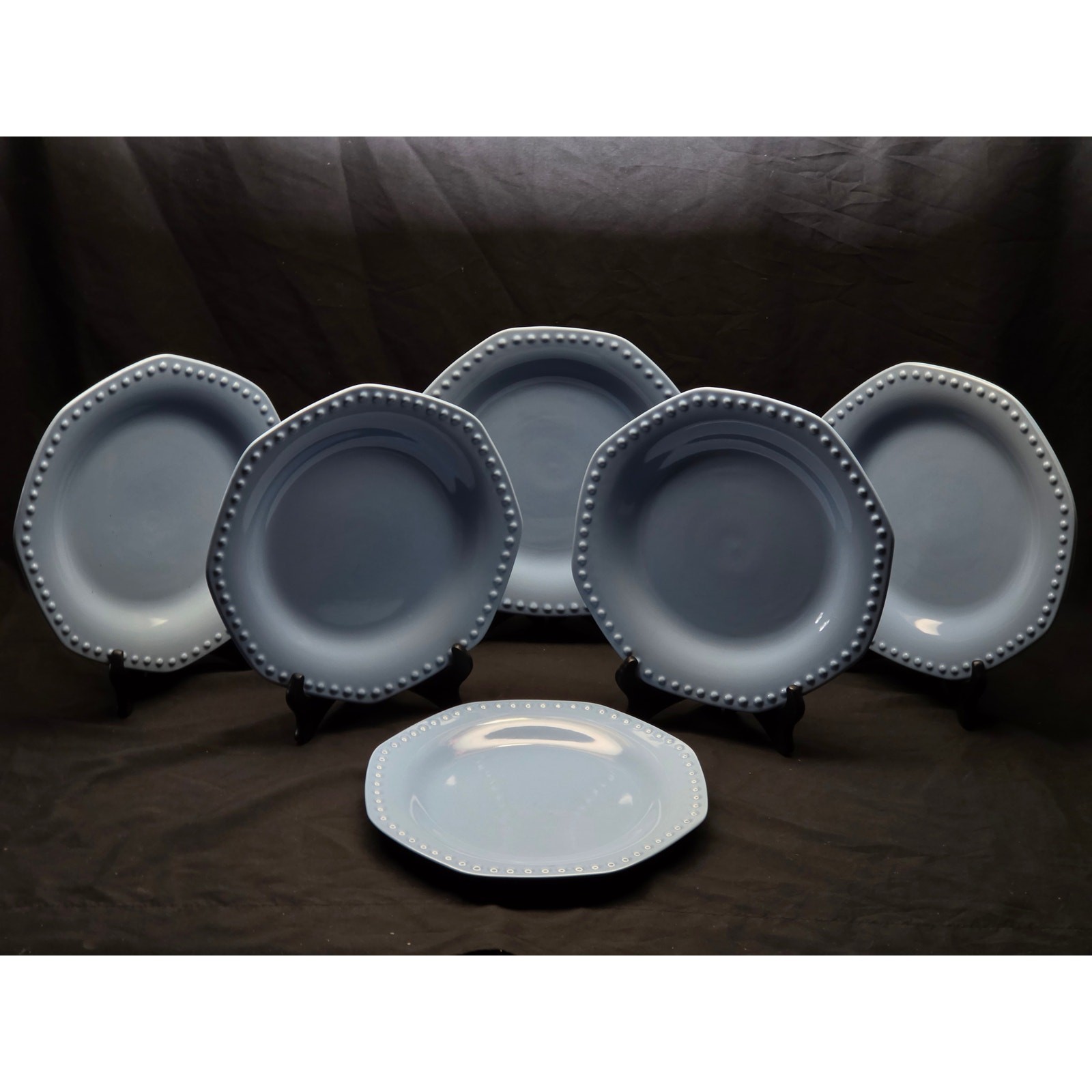 Elegant Dining Robin Egg Blue Beaded Octagon Dinner Plates 10.75″ Set of 6