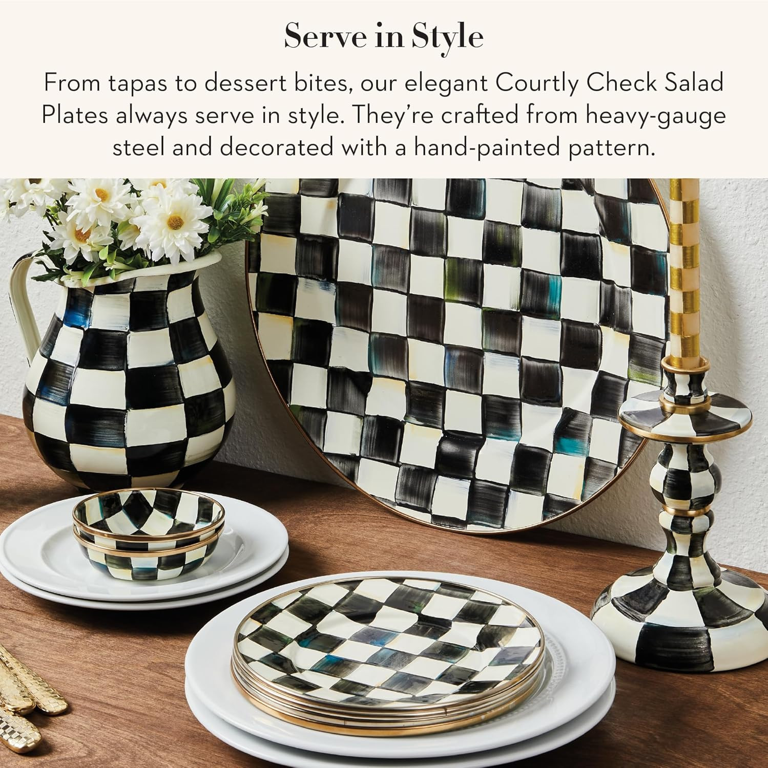 Set of 4 Enamel Salad & Dessert Plates, 8″ Courtly Check