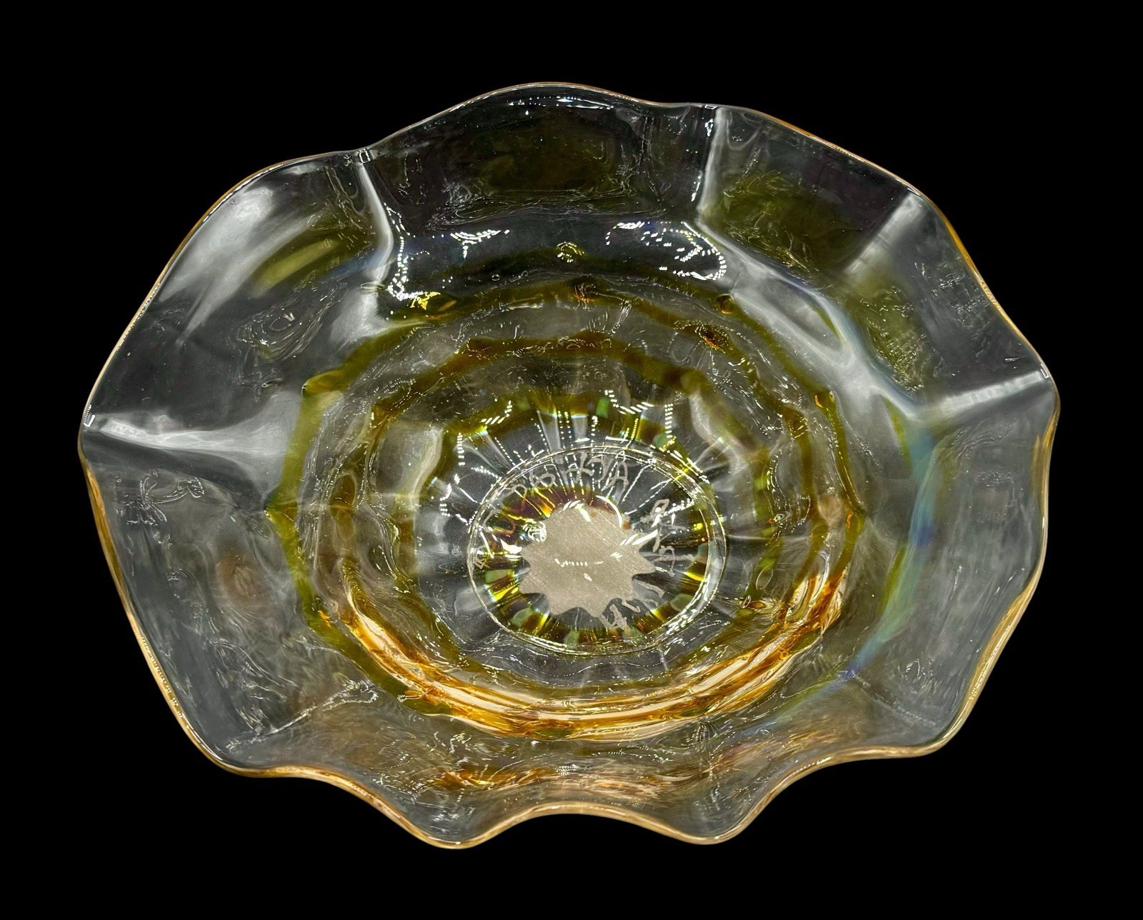 Signed Hilltop Studio Art Glass Ruffle Bowl Centerpiece Amber Clear Handblown