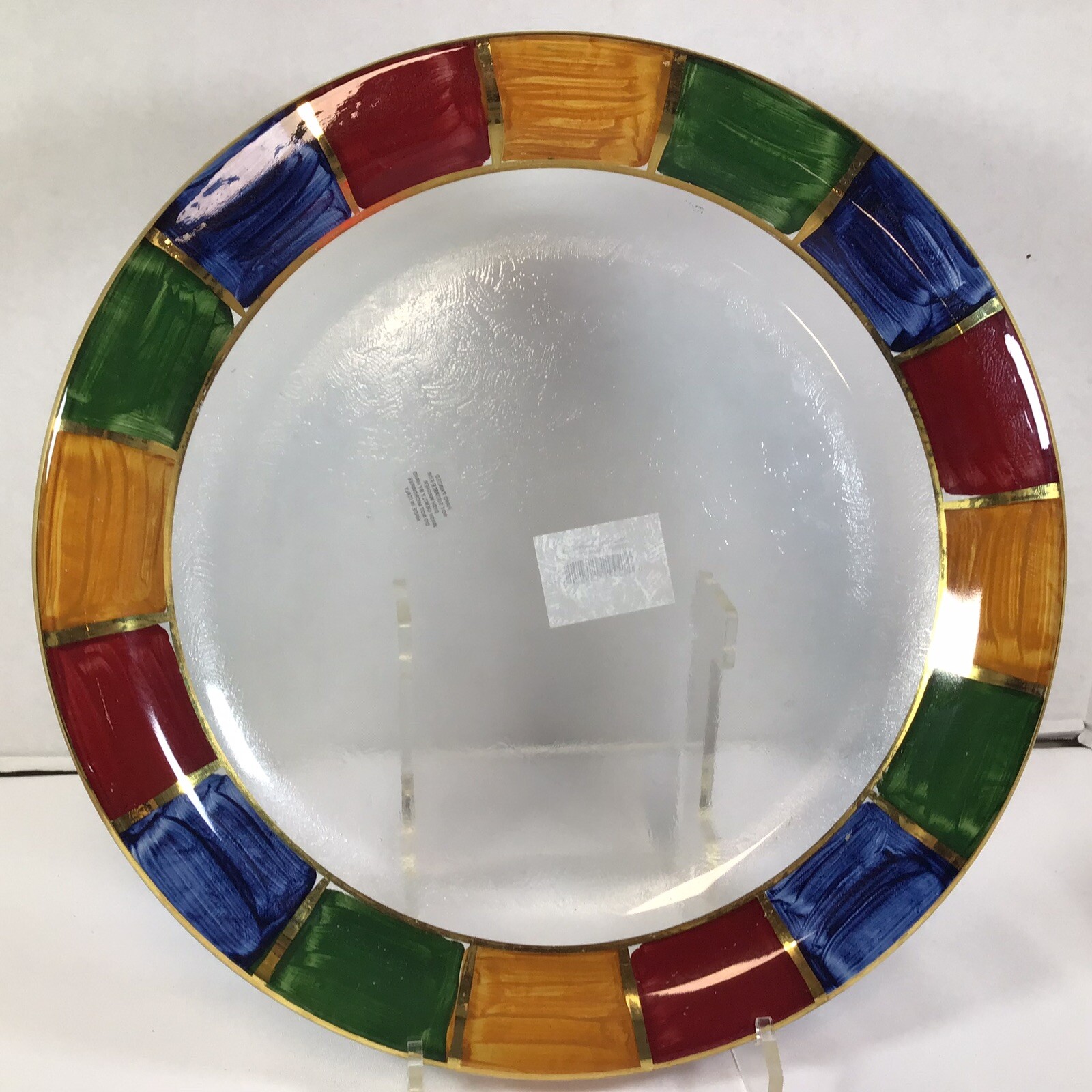 Italian Glass Round Serving Platter Low Bowl Hand Painted Geometric Edges 15”