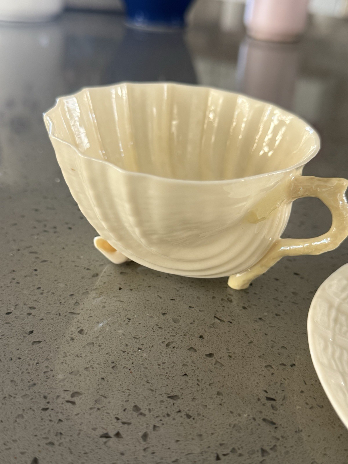 Belleek Ireland Neptune yellow Shell Cup and Saucer vintage 6th Gen green mark