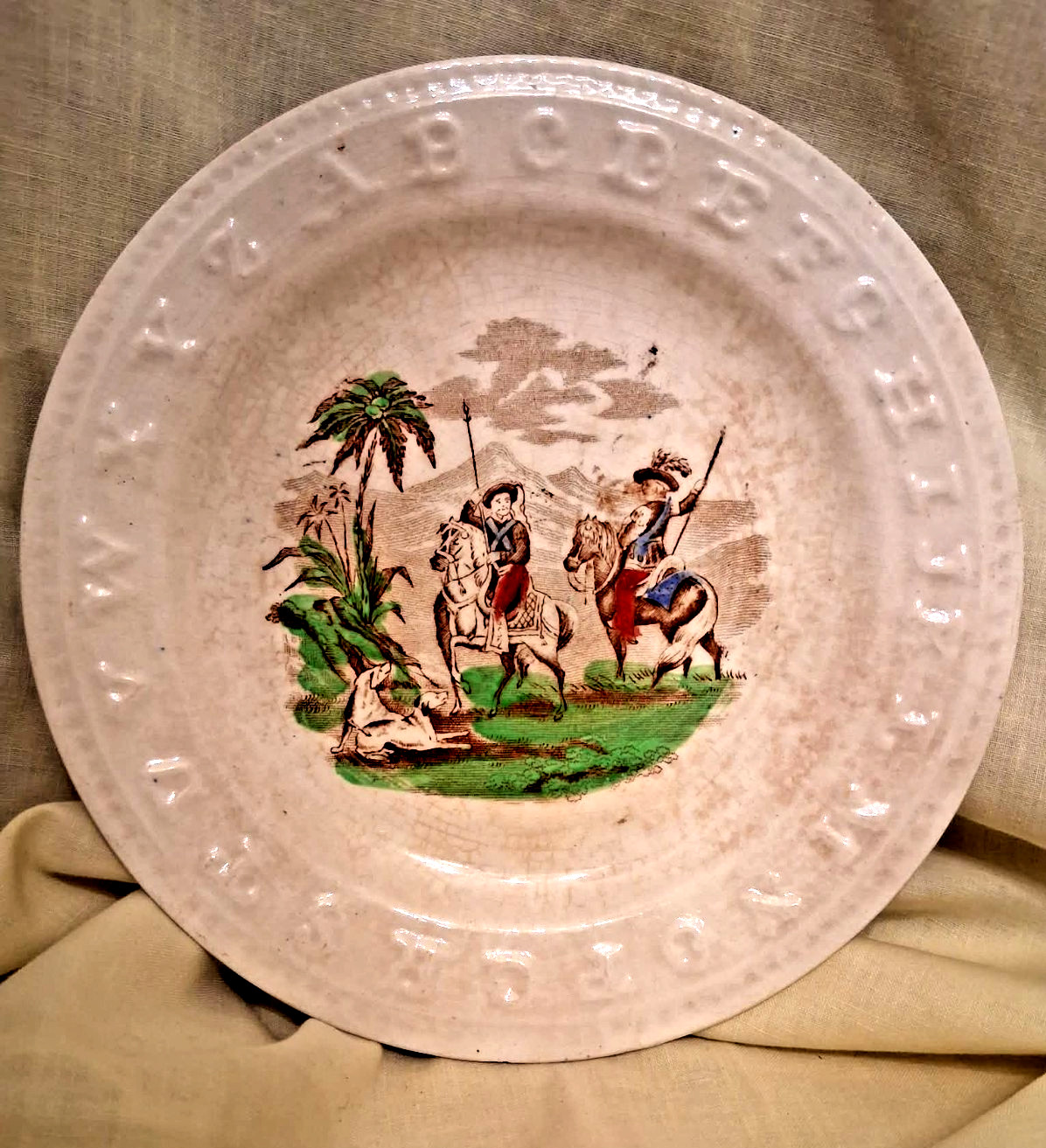 RARE~Antique 1800s Charles Allerton And Sons Child’s ABCs Plate~2 Men on Horses