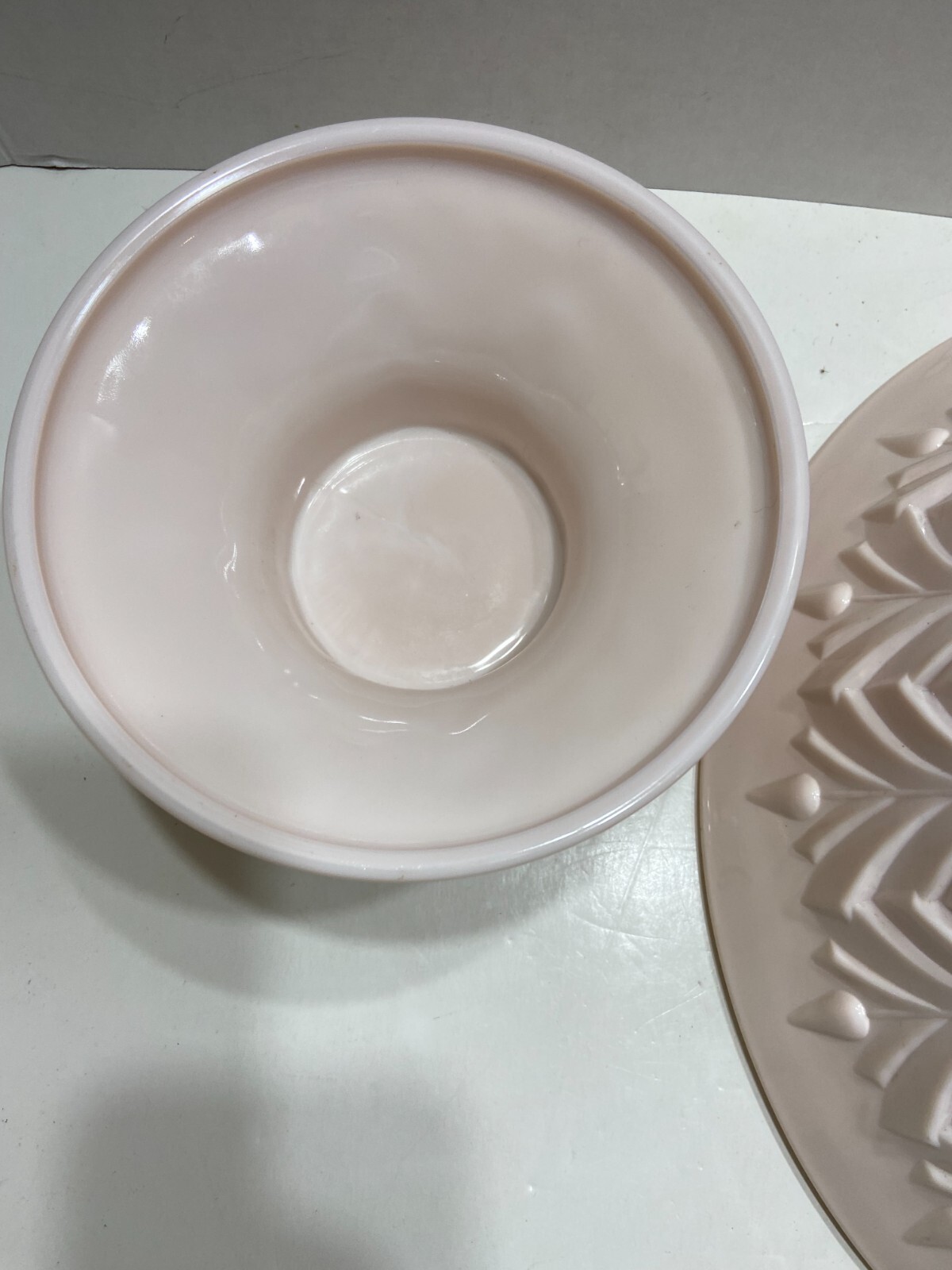 Jeannette Shell Pink Milk Glass Punch Bowl Set with Base and 12 cups Vtg 1950’s